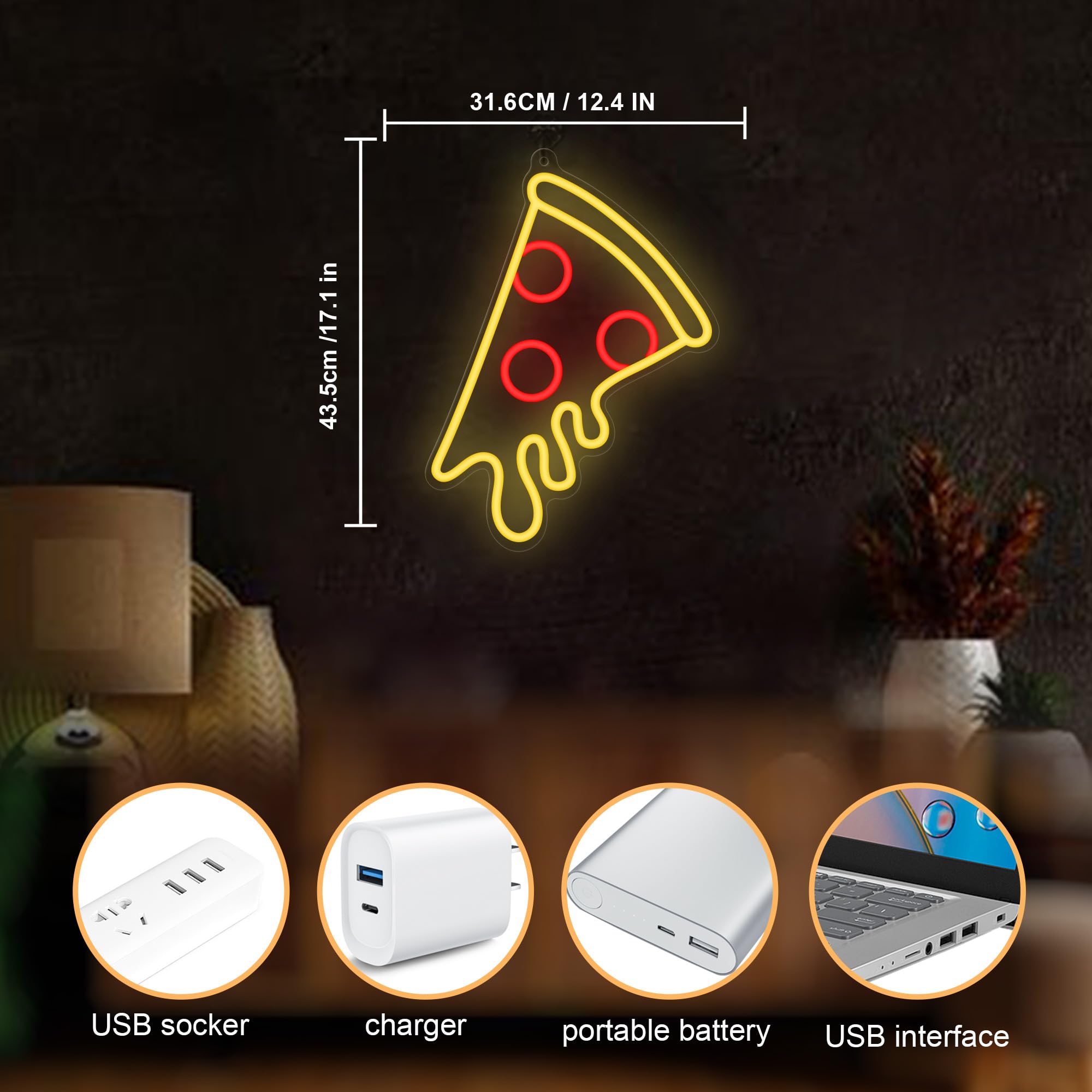 CoolGift Mart Insegna al neon a forma di pizza, luce LED dimmerabile, perfetta per negozio, ristorante, cucina, grotta degli uomini, decorazione per feste di compleanno; regalo ideale per bambini