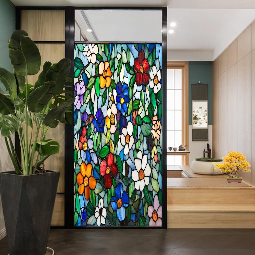 Colorful Flowers Frosted Stained Glass Window Film Modern Glass Floral Pattern Privacy Window Film Self-Adhesive Glass Sticker for Home Office Decorative 35.4Wx63L inch