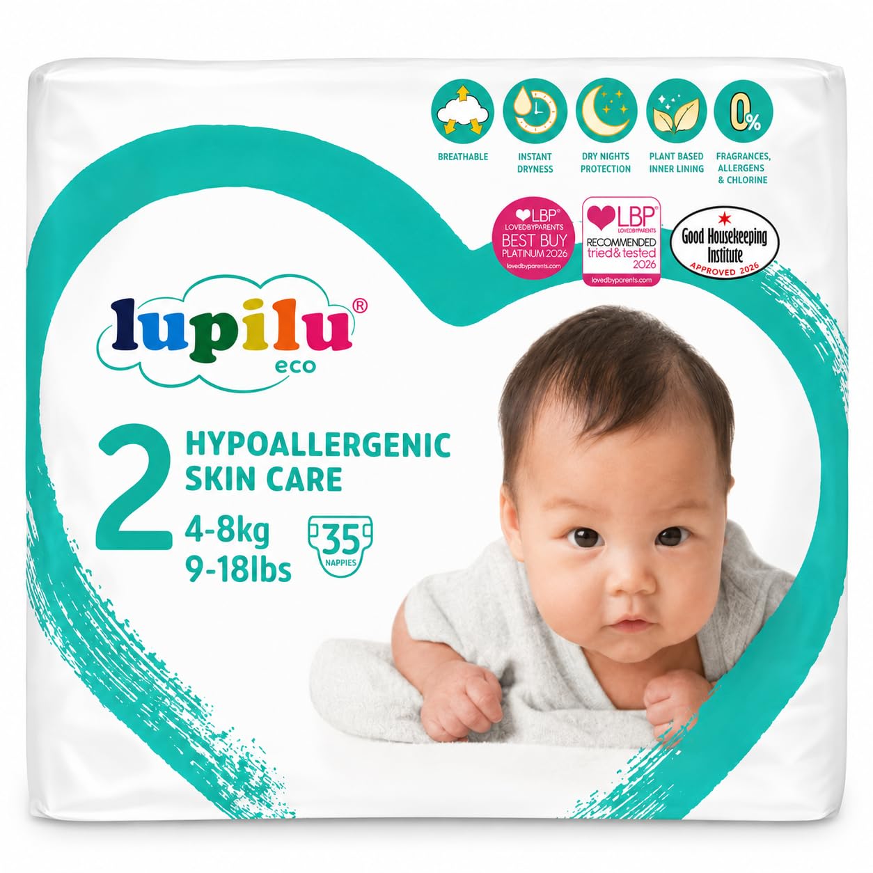Lupilu Eco Size 2 Baby Nappies 4–8kg (9–18lbs) | Hypoallergenic Skin Care | 35 Count