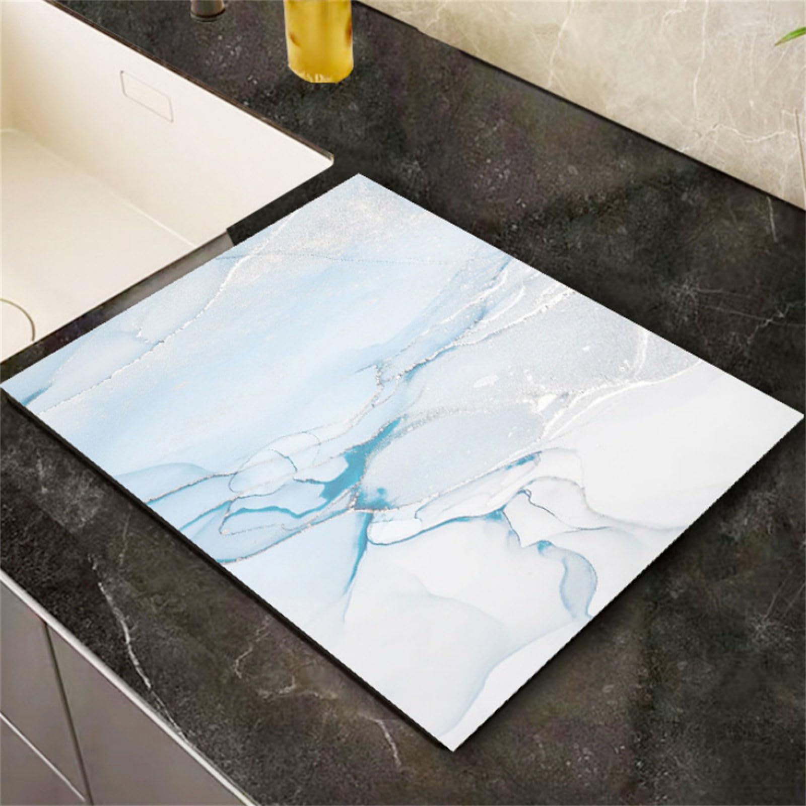 FANSU Absorbent Dish Drying Mat for Kitchen, Marble Pattern Diatomaceous Quick Dry Draining Mat Dish Drainer Mat Anti Slip Sink Drainer Mat Absorbent Kitchen Counter Mat (30x40cm,Light Blue)