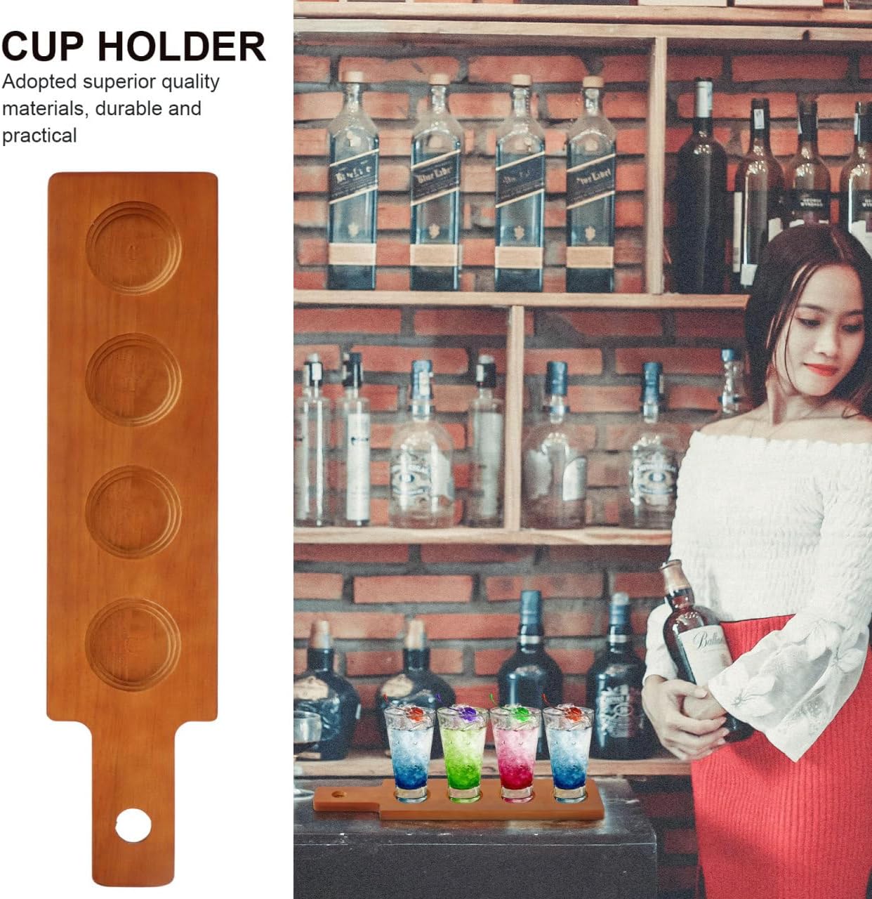 BESTonZON Wooden Cup Holder Coaster Tray 16.92In Beverage Organizer with 3 Wood Coasters for Kitchen Bar Home Serving and Drink Protection