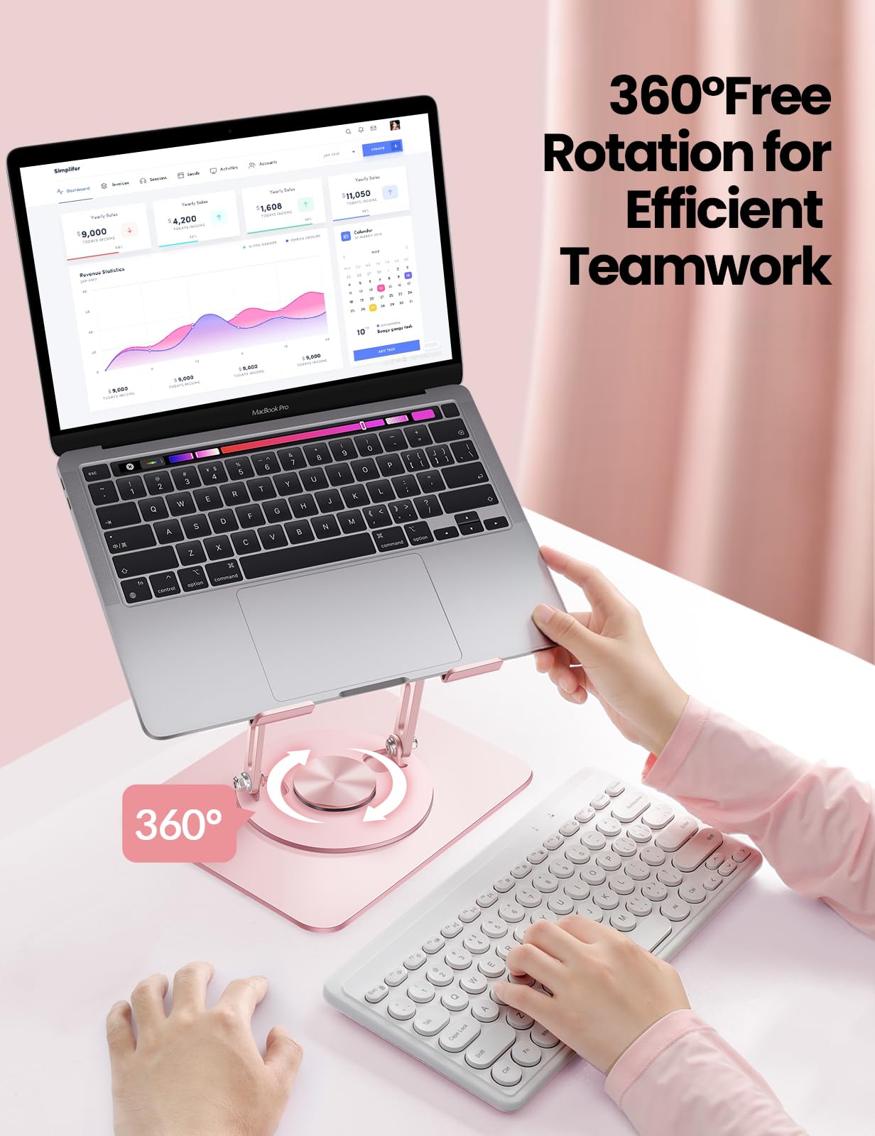VAYDEER Support Ordinateur Portable Ajustable avec Base Rotative 360° et Design Pliable – Rehausseur Ergonomique Compatible avec MacBook, Dell, HP et PC Portables 10–17,3" (Rose)