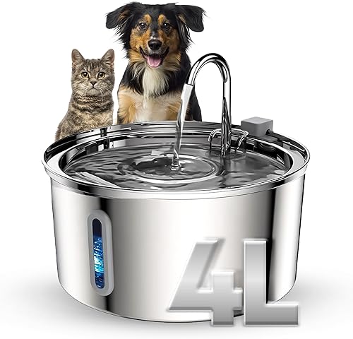 Fuente de agua inalámbrica para gatos de acero inoxidable, dispensador automático de agua de 4 litros para perros, gatos y otras mascotas, fuente de