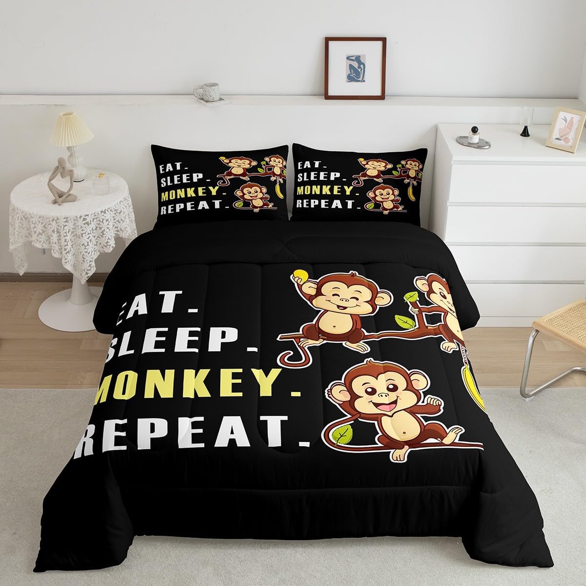 Feelyou Monkey Comforter Set Cute Kawaii Animal Toddler Bedding Bed Set for Kids Boys Girls Eat Sleep Monkey Theme Design Comforter Lovely Animals Quilt Set Bedroom Collection 2Pcs Twin Size