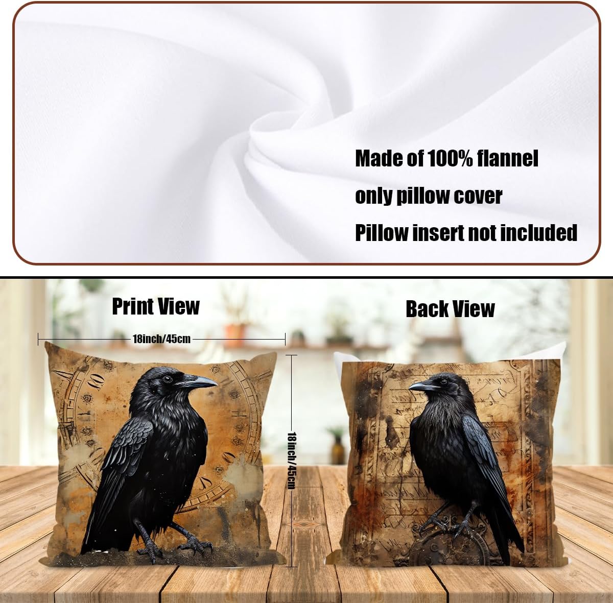 2 Pcs Gothic Raven Throw Pillow Covers, Vintage Crow Throw Pillows image 2