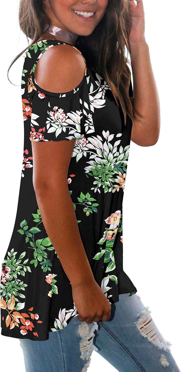 Oustdoze Women's Cold Shoulder Short Sleeve Crew Neck T Shirt Summer Tops 14-black-vine Flower XX-Large