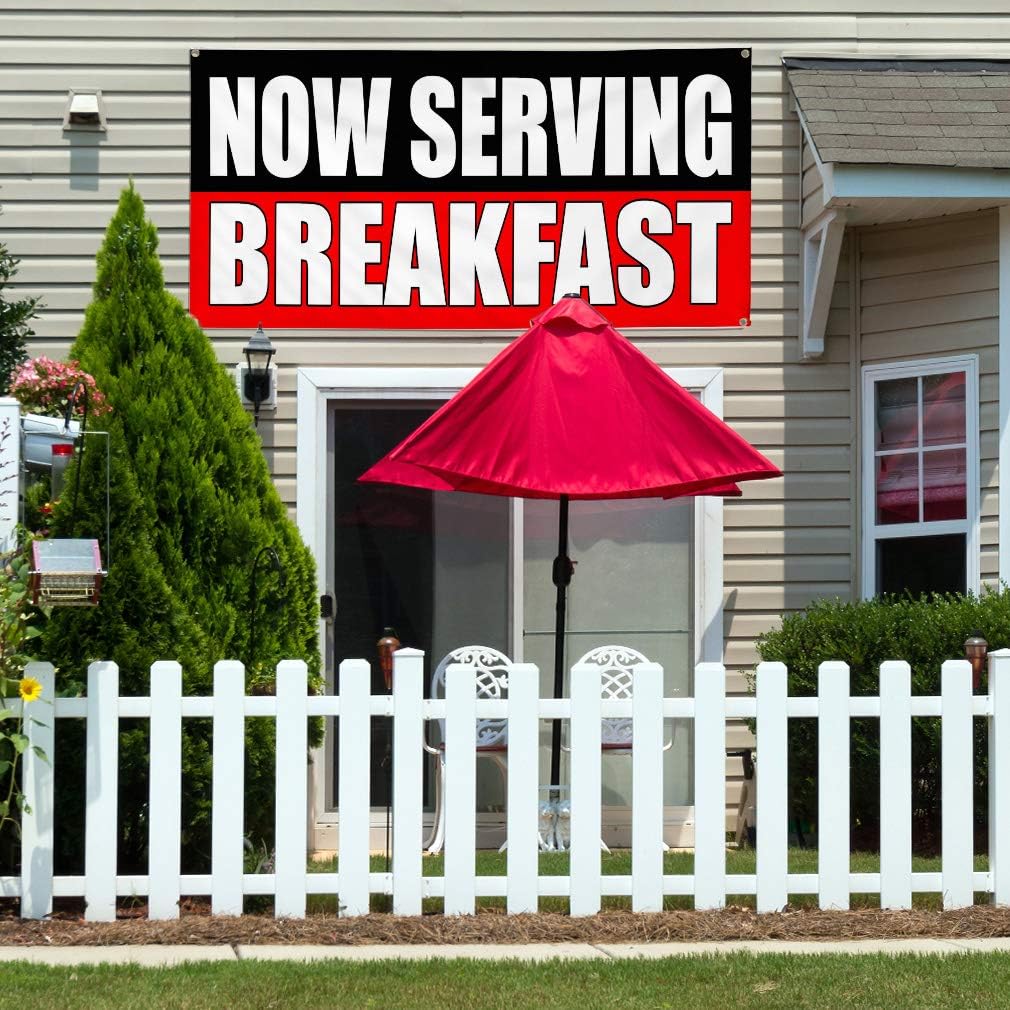 Vinyl Banner Multiple Sizes Now Serving Breakfast Food Fair Promotion Lifestyle Outdoor Weatherproof Industrial Yard Signs Red 4 Grommets 16x40Inches