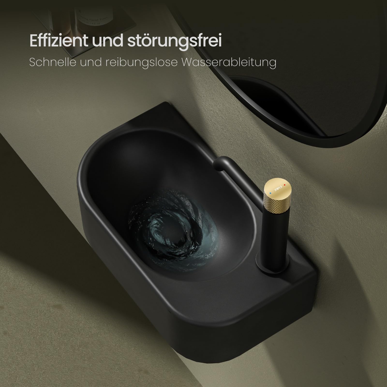 EMKE Waschbecken, 40 x 21,5 x 12 cm, Wasserhahn Rechts, Schwarz Matt