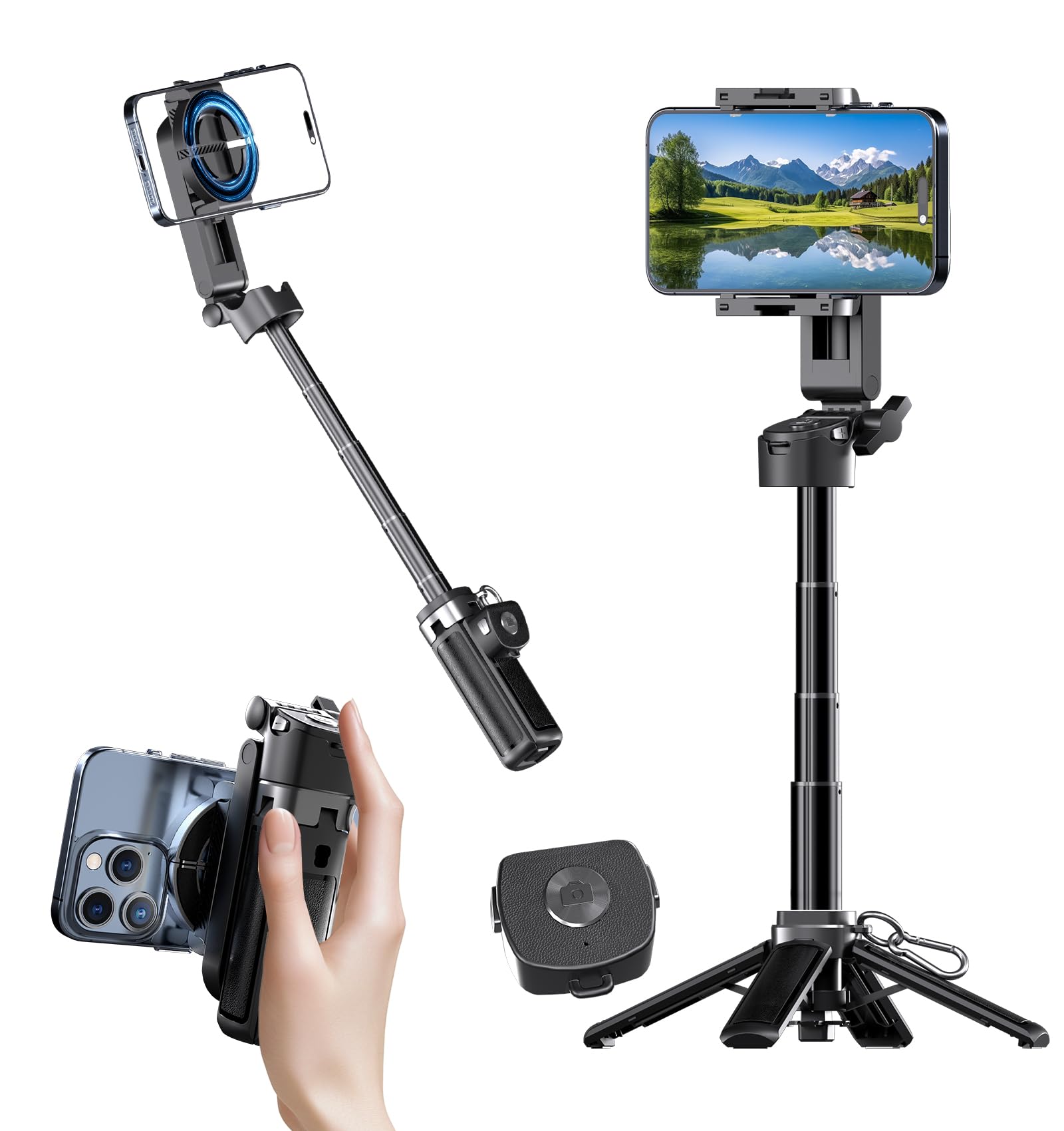 Magnetic Phone Tripod Stand Portable Mini Selfie Stick for iPhone 16 15 14 13 12 MagSafe Aluminum Angle-Adjustable