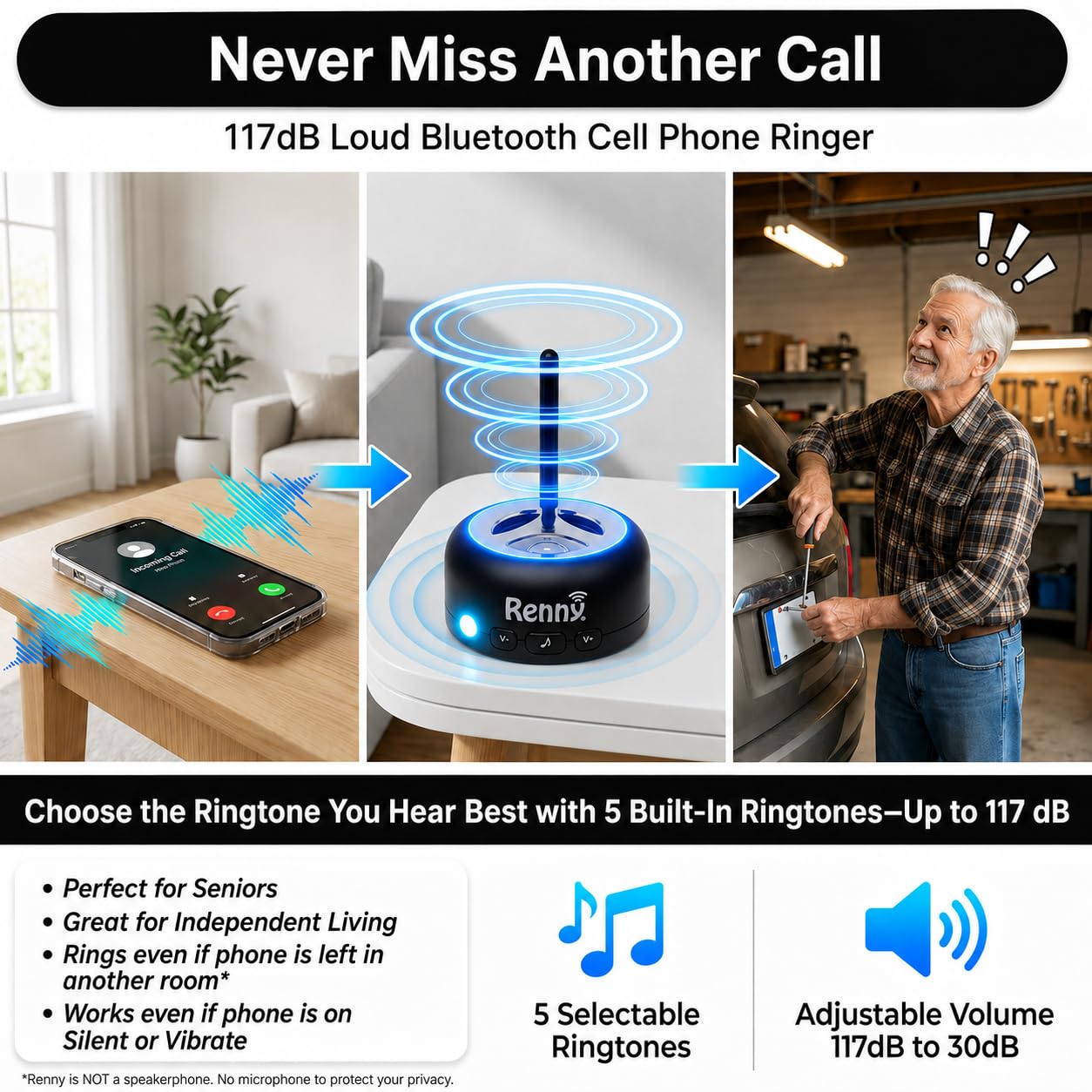 RENNY - Suoneria per telefoni cellulari rumorosi, amplificatore e lampeggiatore per ambienti con problemi di udito e rumorosi (117 dB) | Connessione automatica Bluetooth wireless | 5 suonerie