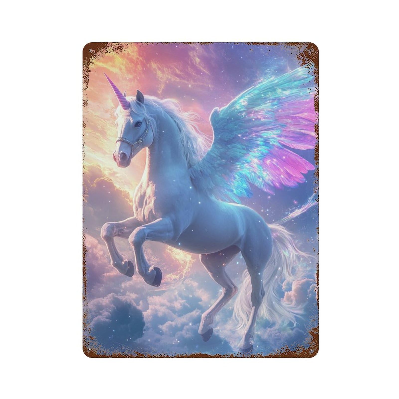 Rust Effect Enchanted Unicorn Fantasy Artwork Rustic Tin Plaque 15.7"x11.8", Classic Wall Plaque for Shed, Workshop And Garage Wall Decor