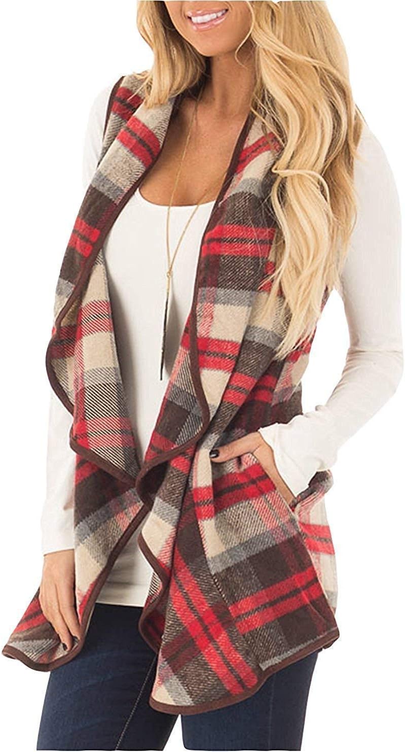 Unidear Womens Buffalo Plaid Vest Casual Lapel Open Front Sleeveless Cardigan Jacket Coat with Pockets