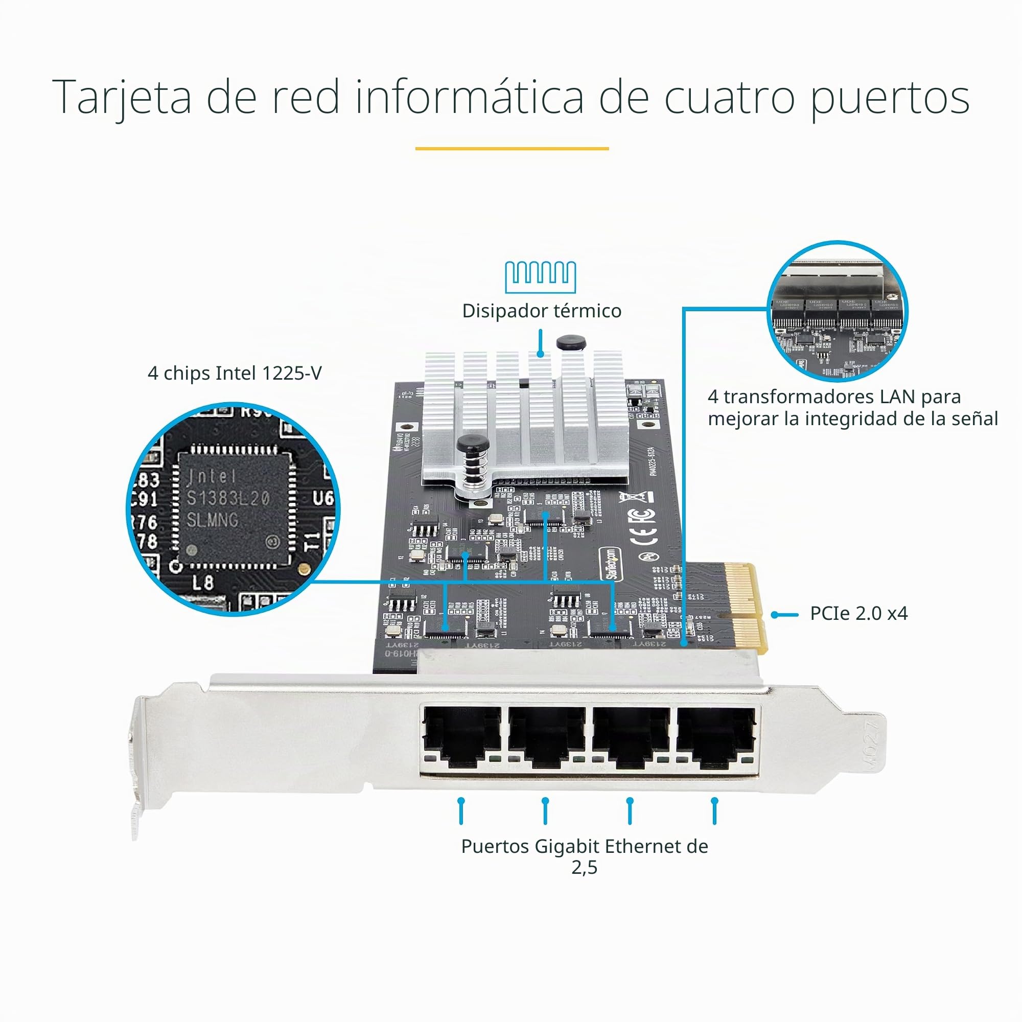 StarTech Tarjeta de Red PCIe 4 Puertos 2,5G I225-V (PR42GI-NETWORK-CARD) | Multigigabit sobre cableado Cat5e/Cat6, Compatible con NBASE-T 802.3bz, PCI Express 2.0