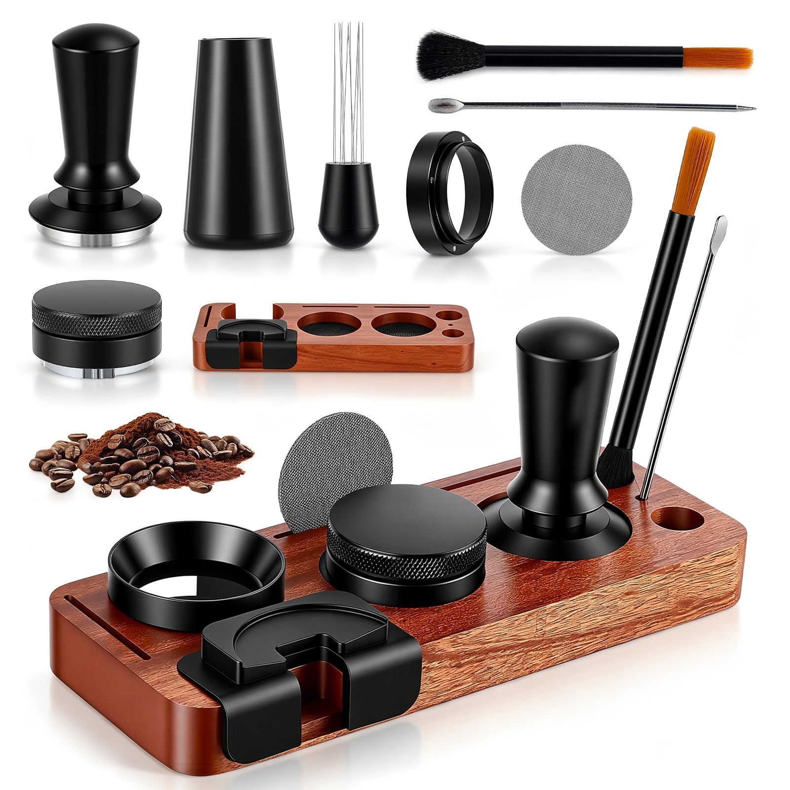 Espresso Zubehör Set 8-teilig, 51mm Kaffee Tamper mit Tamperstation und WDT Werkzeug, Verteilwerkzeug & Dosierring für Siebträger, geeignet für Breville und Delonghi