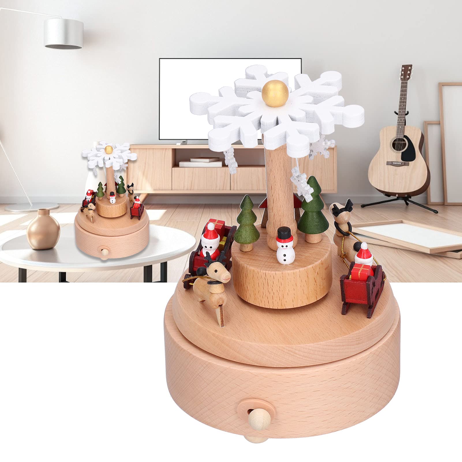 YESYZX Caja de música de Madera Adorno navideño Decoración de Copos de Nieve Textura de Grano de Madera Sonido Hermoso Caja de música navideña