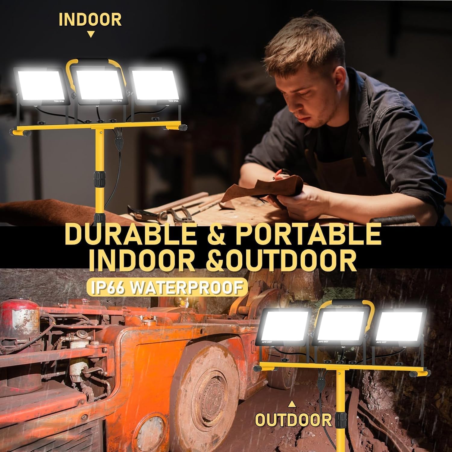 21000 Lumen LED Work Light with Stand -3 Head Portable Work Light 6500 Kelvin Color IP66 Waterproof Tripod Worklights for Job Site Workshop Garage Construction Site Lighting (3-Head) - Image 6