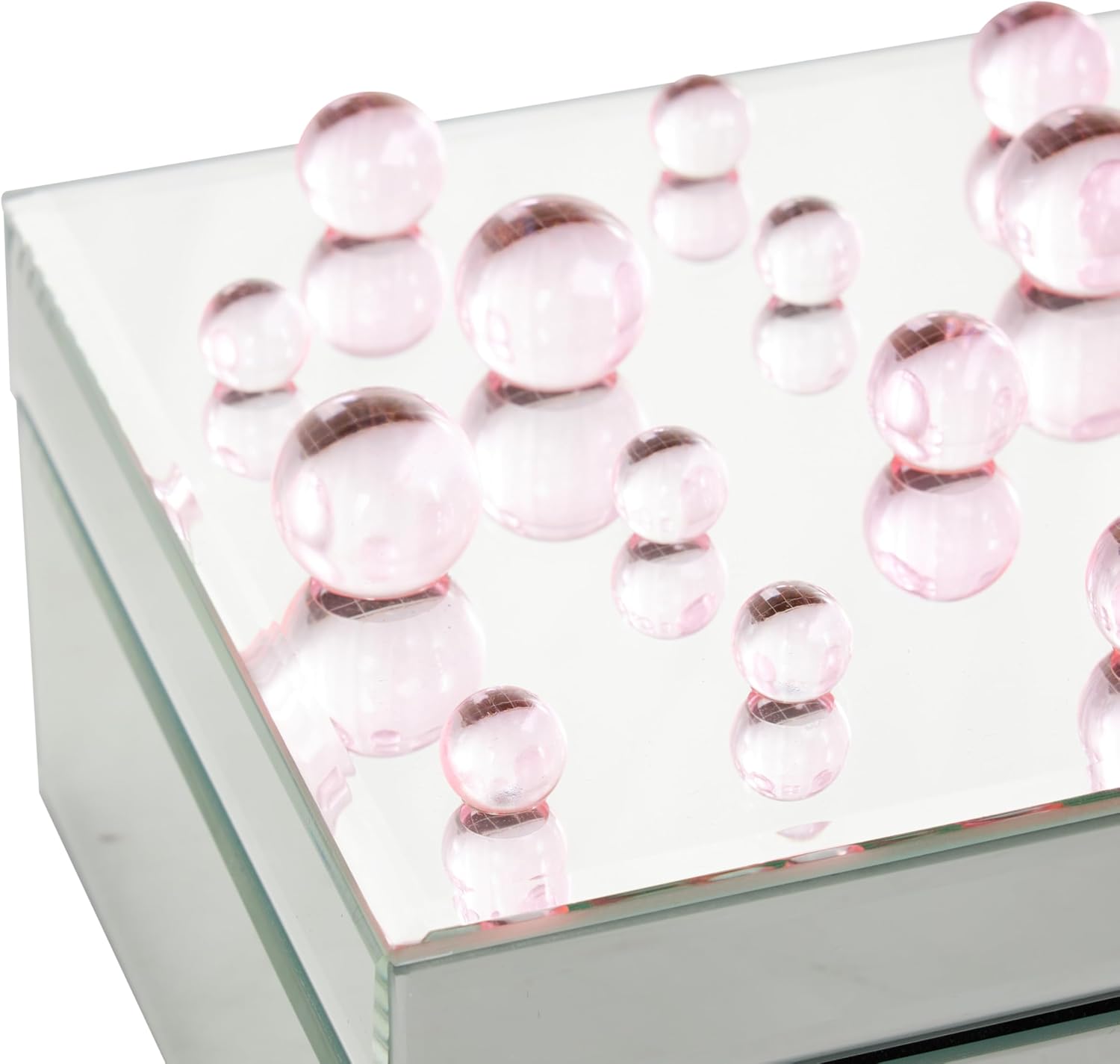 Deco 79 Glass Decorative Jewelry Box Mirrored Jewelry Organizer with Pink Bubble Textured Balls, Jewelry Holder 10" x 7" x 5", Silver