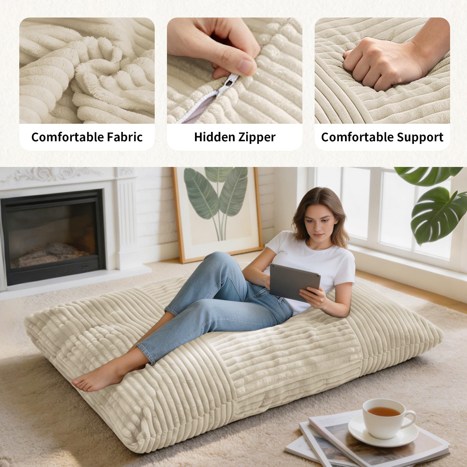 Puf XXL convertible 3 en 1 Bean Bag Sofá con espuma viscoelástica acolchada para sala de estar, puf de juegos, funda de pana mullida, color blanco