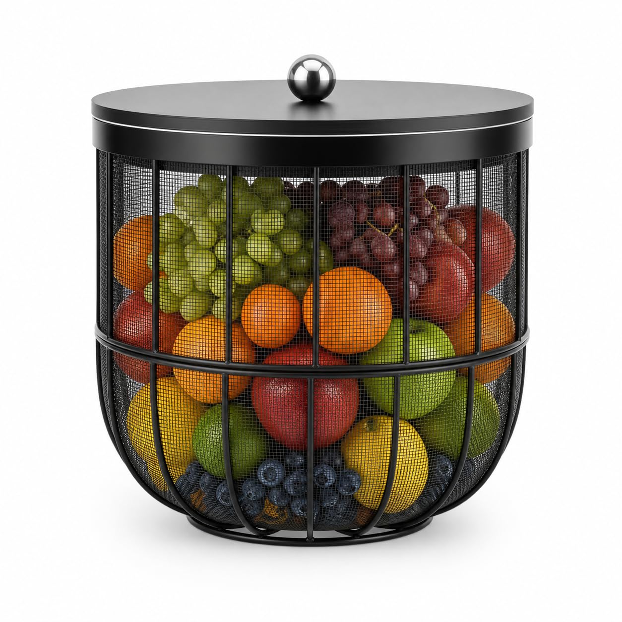 Metal Mesh Storage Basket with Lid, Iron Wire Fruit & Vegetable Basket, Multipurpose Kitchen Organizer, Powder Coated Round Storage Basket for Pantry, Countertop & Home Decor, Black-image-6