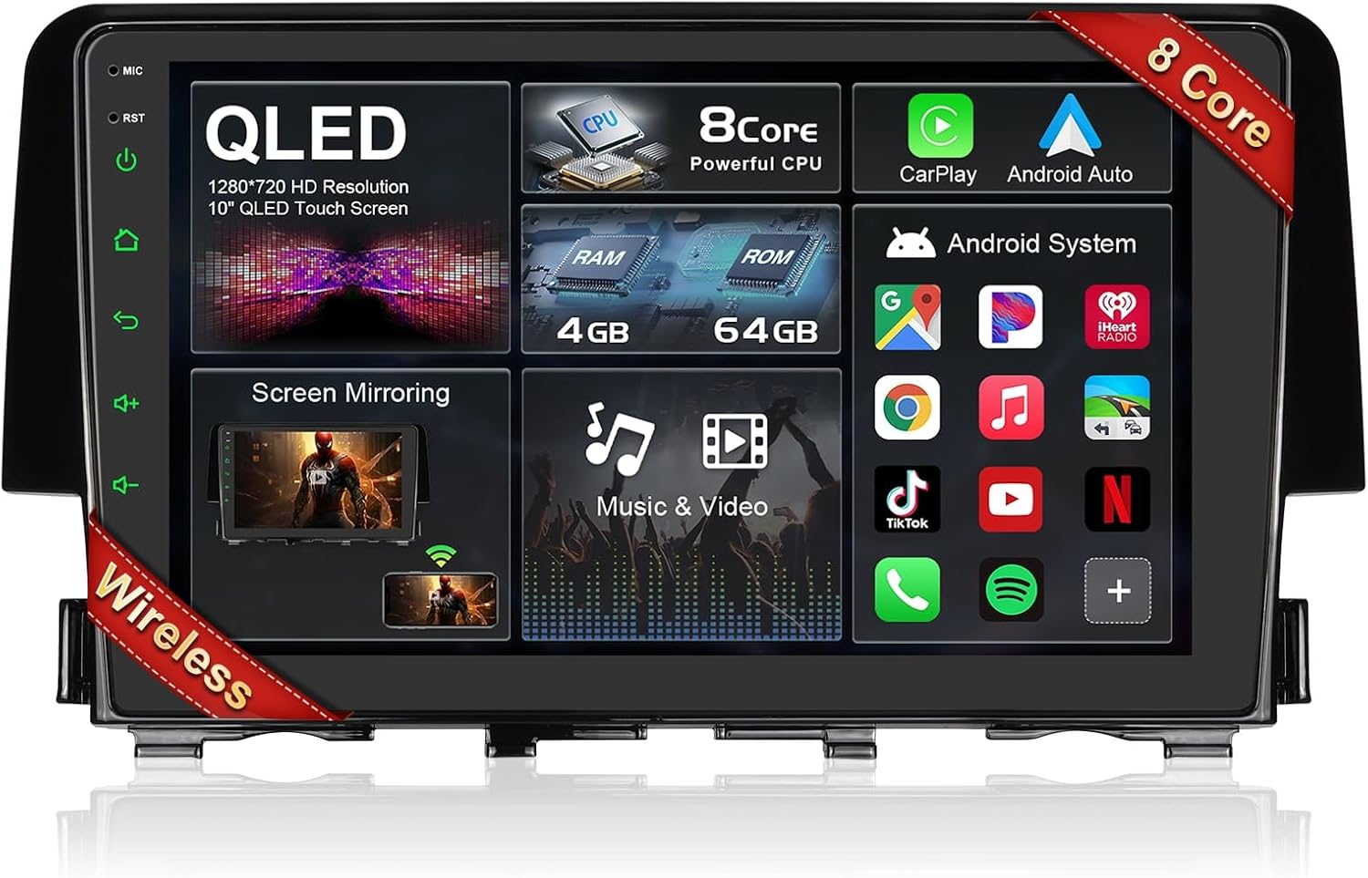 【8 core 4GB+64GB】 Car Stereo for Honda Civic 2016 2017 2018 2019 2020 2021, 9 Inch Touch Screen Wireless Carplay Andriod Auto, 5G Wi-Fi Bluetooth GPS SWC DSP FM