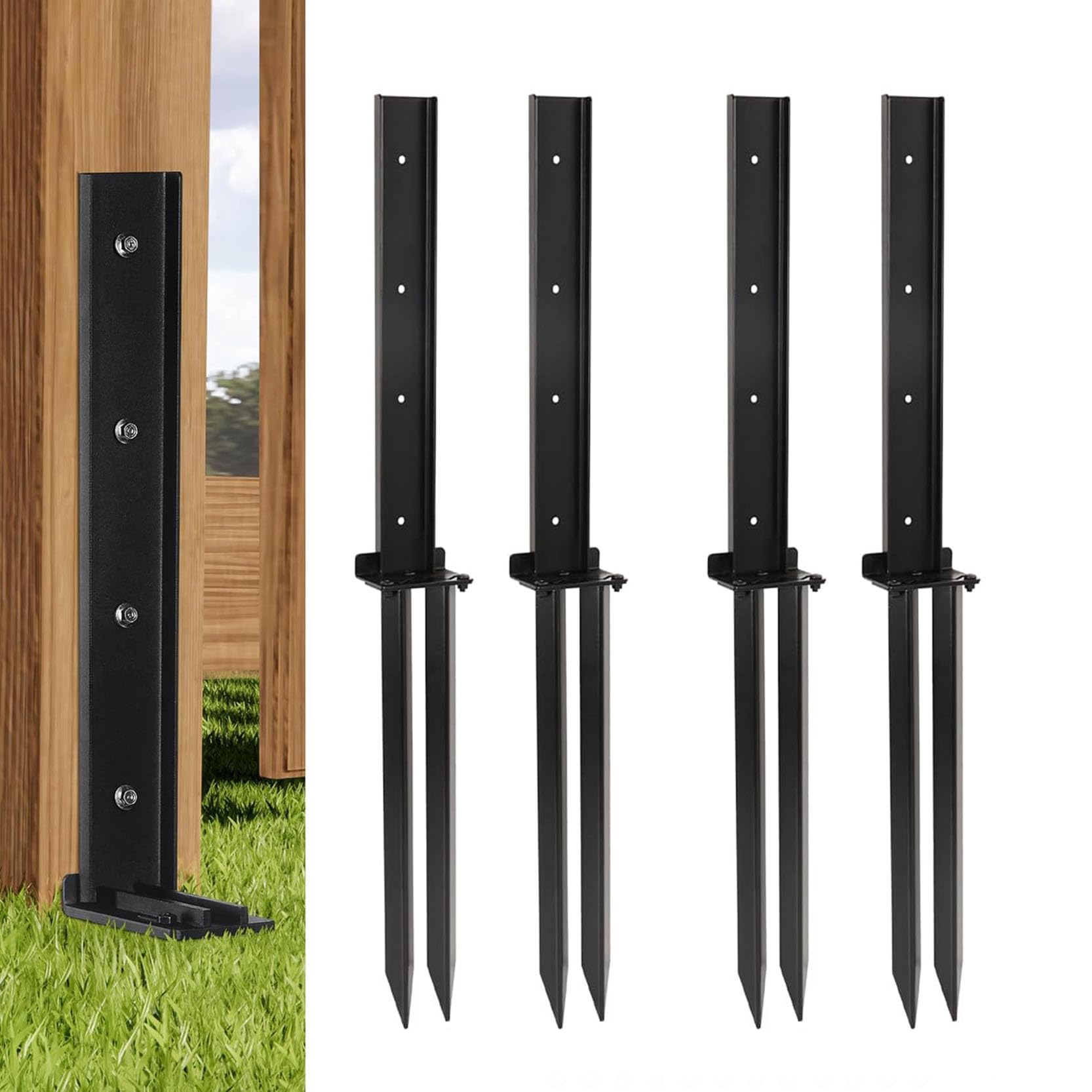 GOUZIBHD Heavy Duty Fence Post Repair Stake Fence Post Repair Kit Steel Ground Spike Fencing Stakes for Repair Tilted or Broken Wooden Fence Posts,Easy Installation(Size:4 Pack)