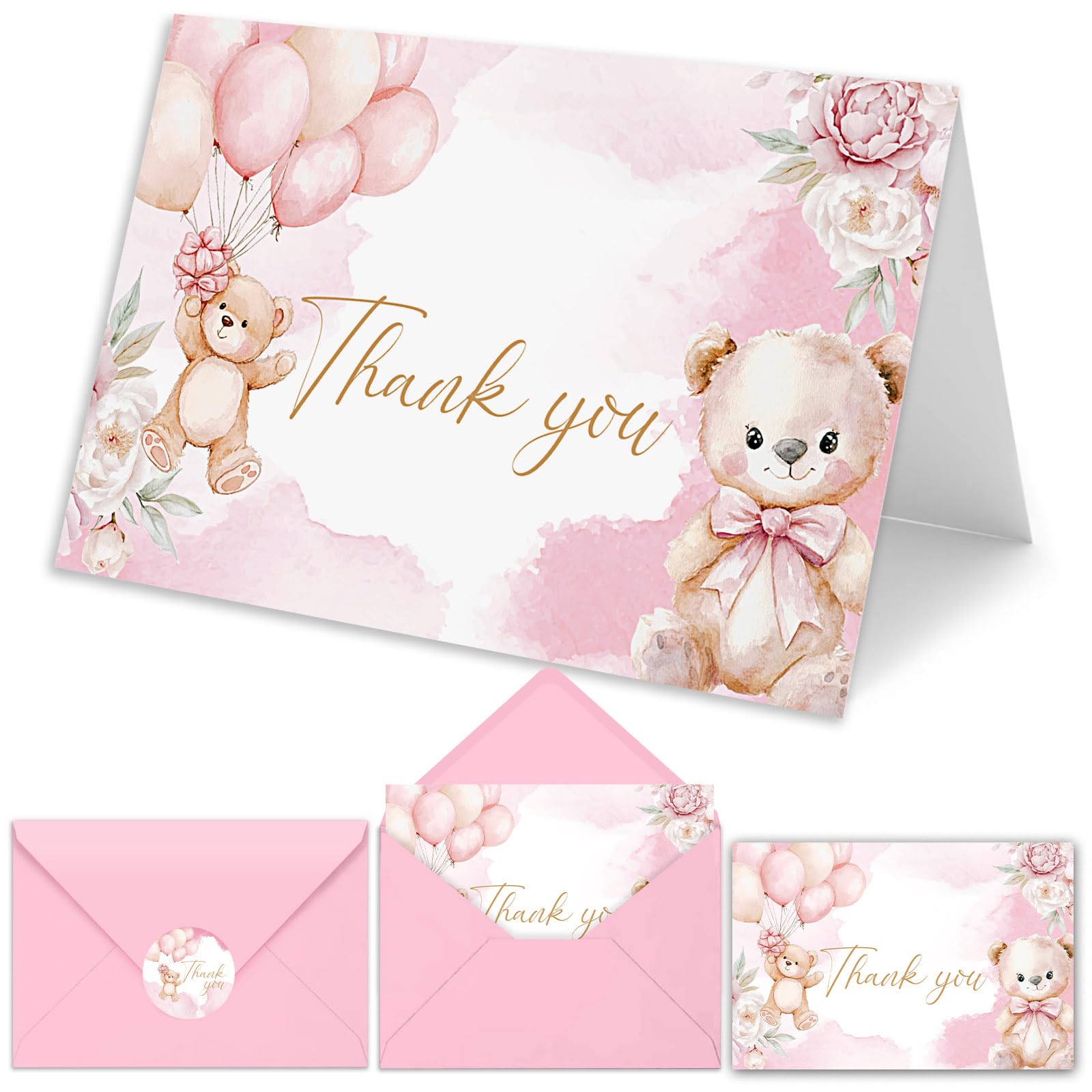Paquete de 50 tarjetas de agradecimiento de oso con sobres, 4 x 6 pulgadas, tarjetas de felicitación a granel para baby shower, despedida de soltera, boda, interior en blanco (rosa)