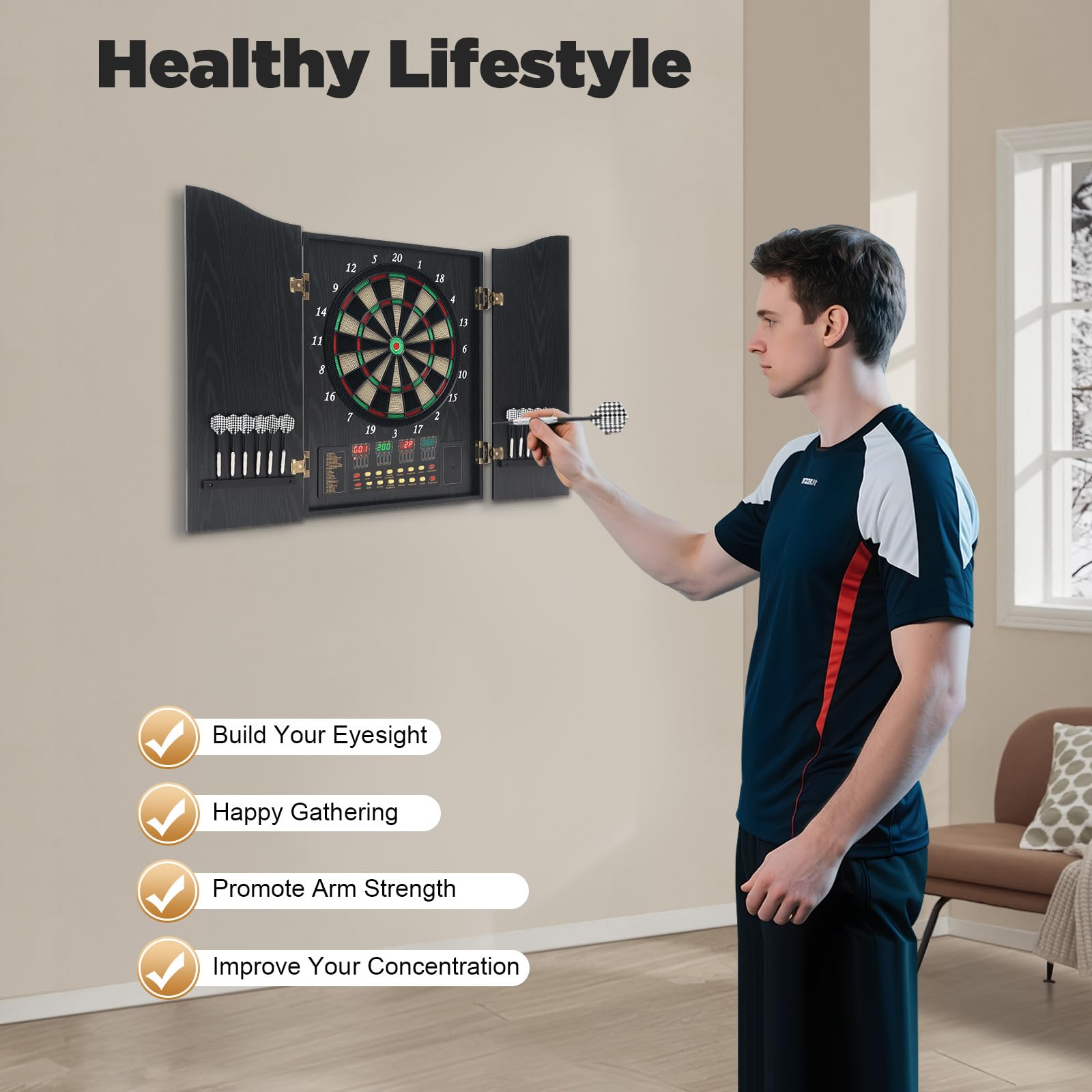 Juegos de Flecha Electrónica, Diana electrónica con mueble de madera, pantalla LED, 12 dardos hasta 16 jugadores, 27 juegos diferentes, 243 variantes de juego