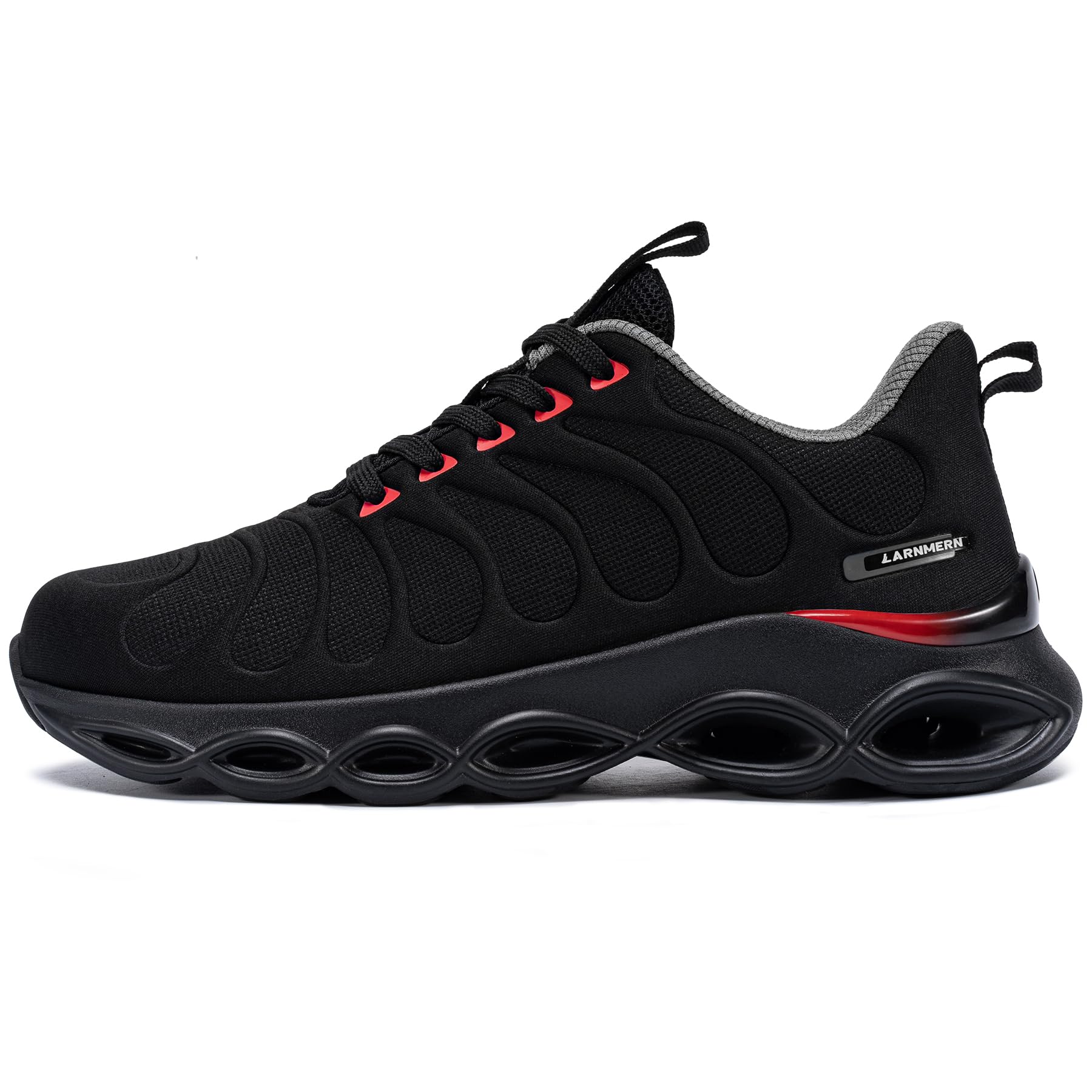 LARNMERN Buty sportowe ze stalowym noskiem, męskie buty ochronne, oddychające buty ochronne, wygodne buty robocze, lekkie, amortyzacja, moda, 3,5UK-44UK, Tryb czerwony czarny, 47 EU