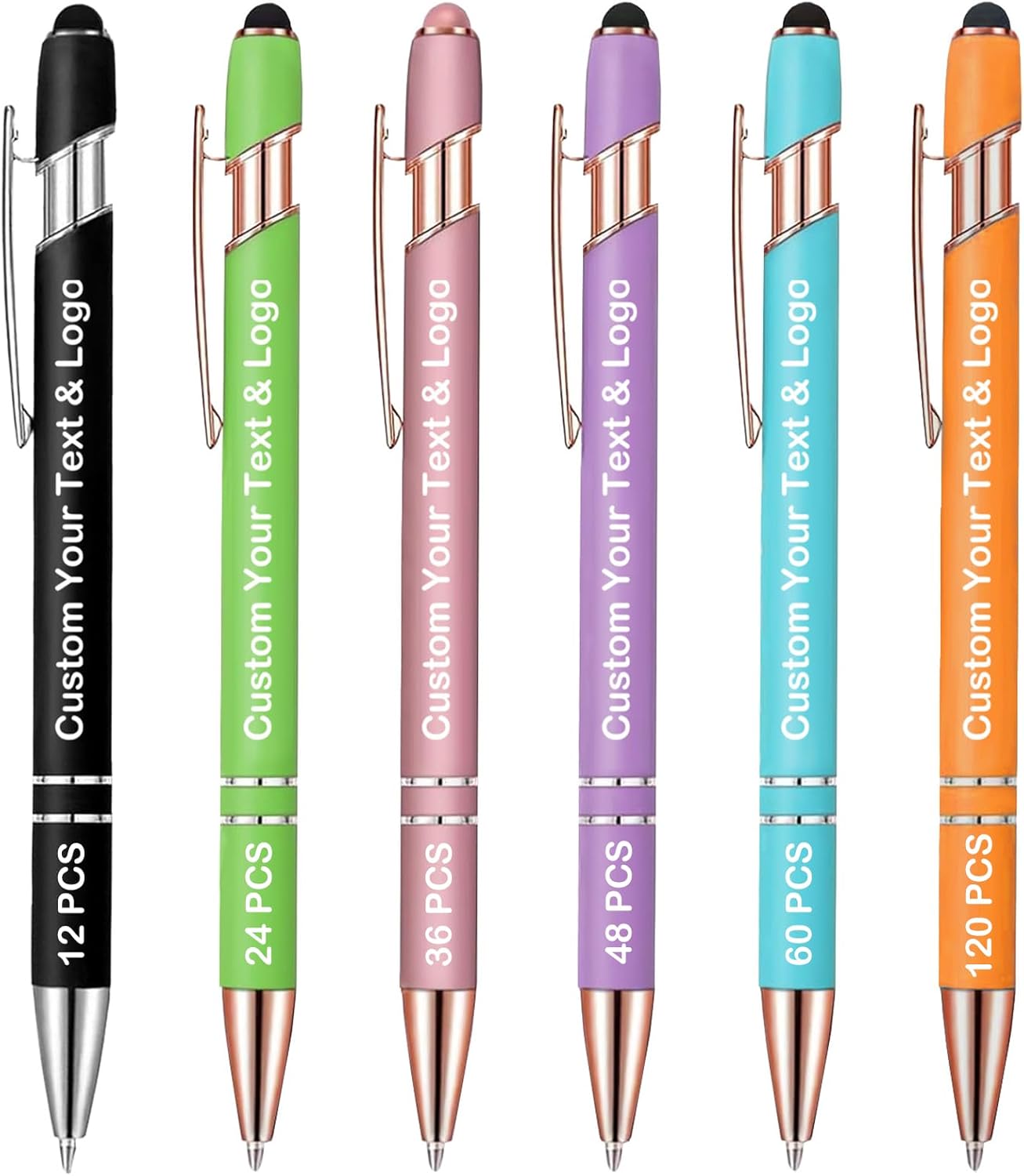 Personalized Pens Custom Pens Bulk - Add Your Text Name Logo - Custom Plastic Stylus Pen Set with Logo - Pack of 24 - Personalized Gifts for Office, School, Business, Party Events 6 Colors