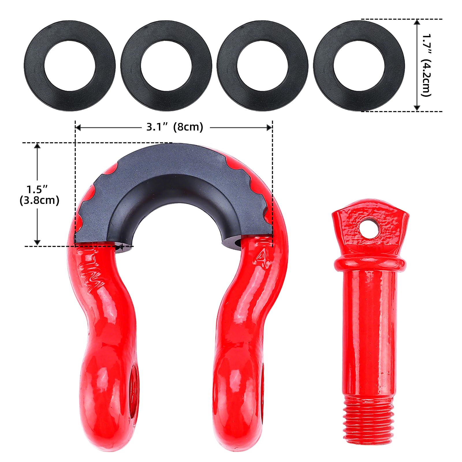 FreeTec 4 Pezzi Grillo Traino, 3/4" 4,75t Arco Acciaio Grilli con Perno, Grande Grillo Sollevamento Traino Grilli Fuoristrada Recupero 4x4 per Catena Cinghia Auto Camion (Rosso)