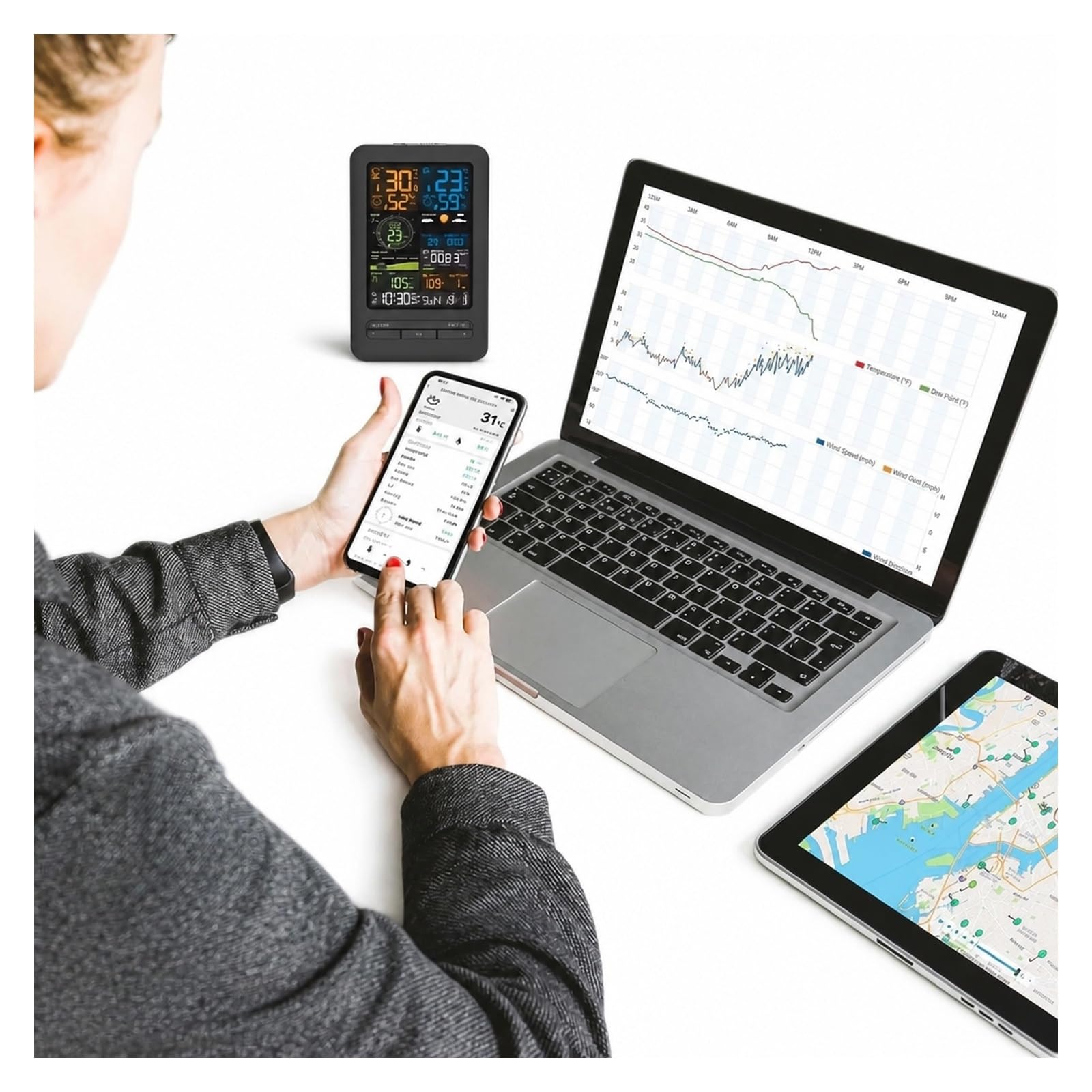 Deszczomierz, Inteligentna Stacja Pogodowa WiFi APP Bezprzewodowa Prognoza Zegara