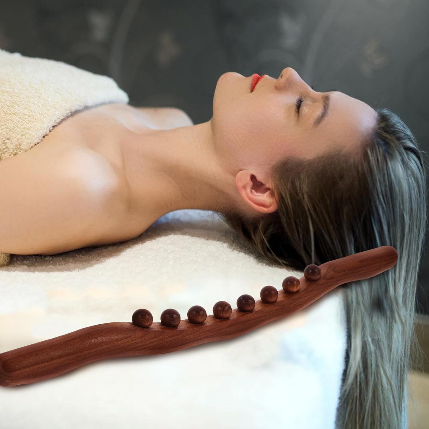 Wooden Massage Roller Stick 8-Bead Carbonized Gua Sha Body Tool for Full-Body Muscle Relaxation, Trigger Point Therapy and Back Scraping Massage