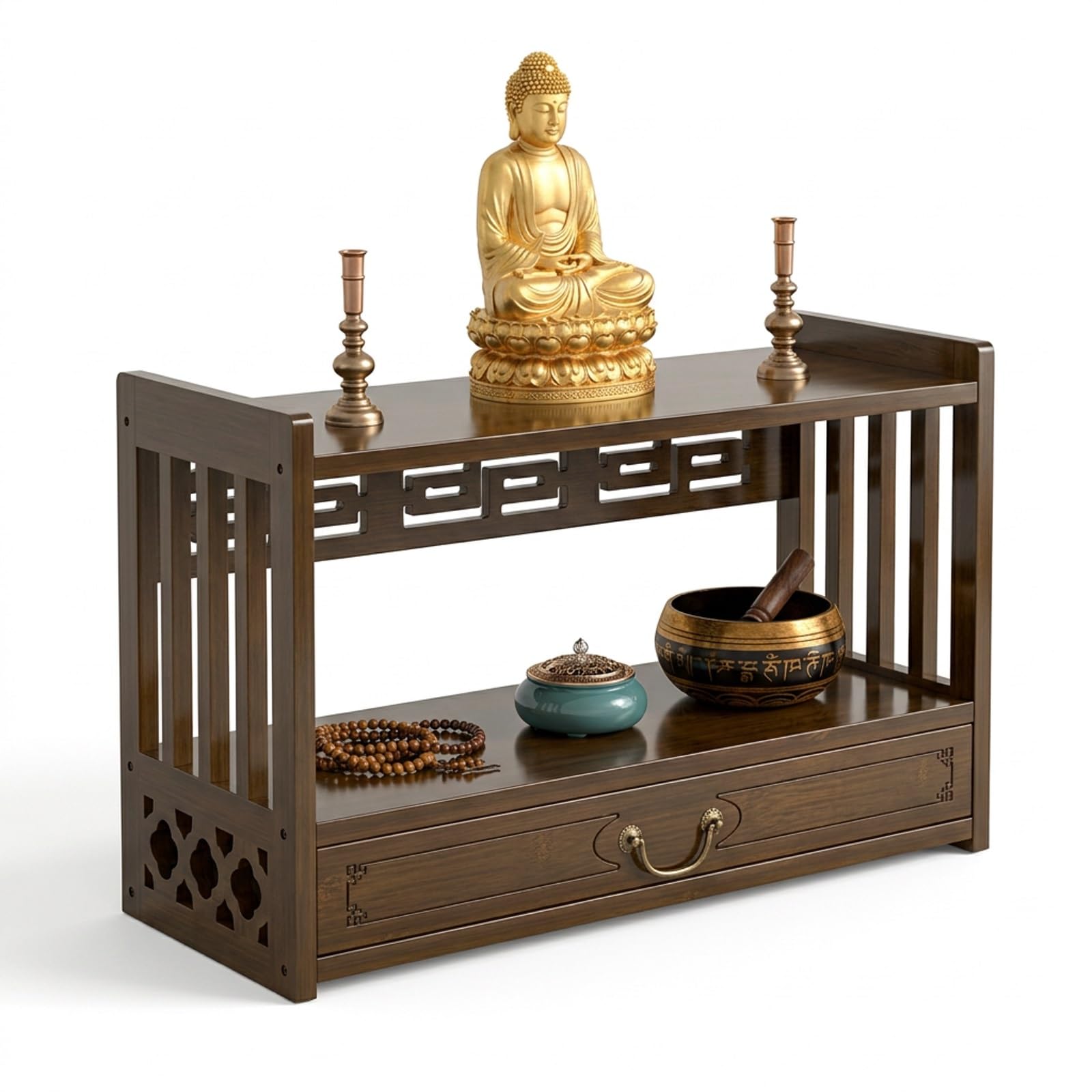 Altar Pooja armario de madera fina acabado nogal para budismo y meditación