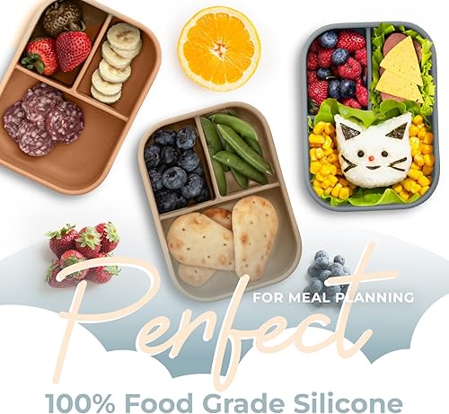 Miniatura 3 de Nyte Nyte Baby Cafe Kids Bento Box - Lonchera 100% silicona de grado alimenticio para adultos y niños pequeños, con 3 compartimentos, apta para