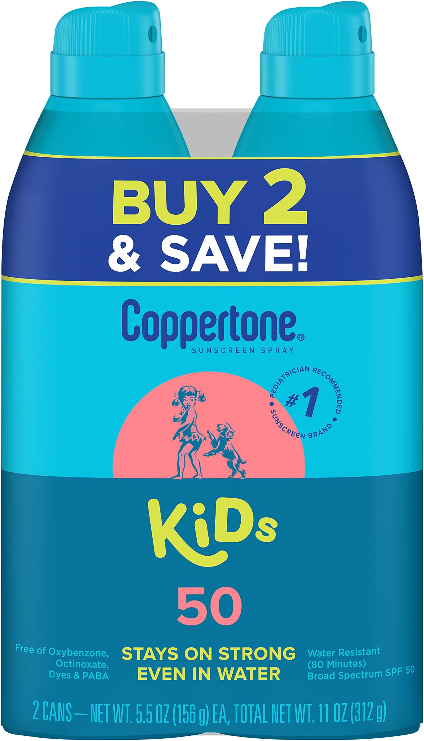 Coppertone KIDS Sunscreen Continuous Spray SPF 50 (5.5 Ounce, Pack of 2) (Packaging may vary)