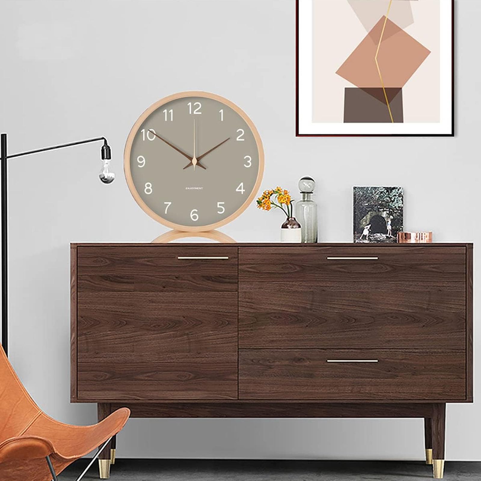 mooqs Houten stille niet-tikkende batterij aangedreven decoratieve kleine mini analoge moderne plank bureau tafel mantelklok voor thuis, kantoor, woonkamer, slaapkamer (Wit