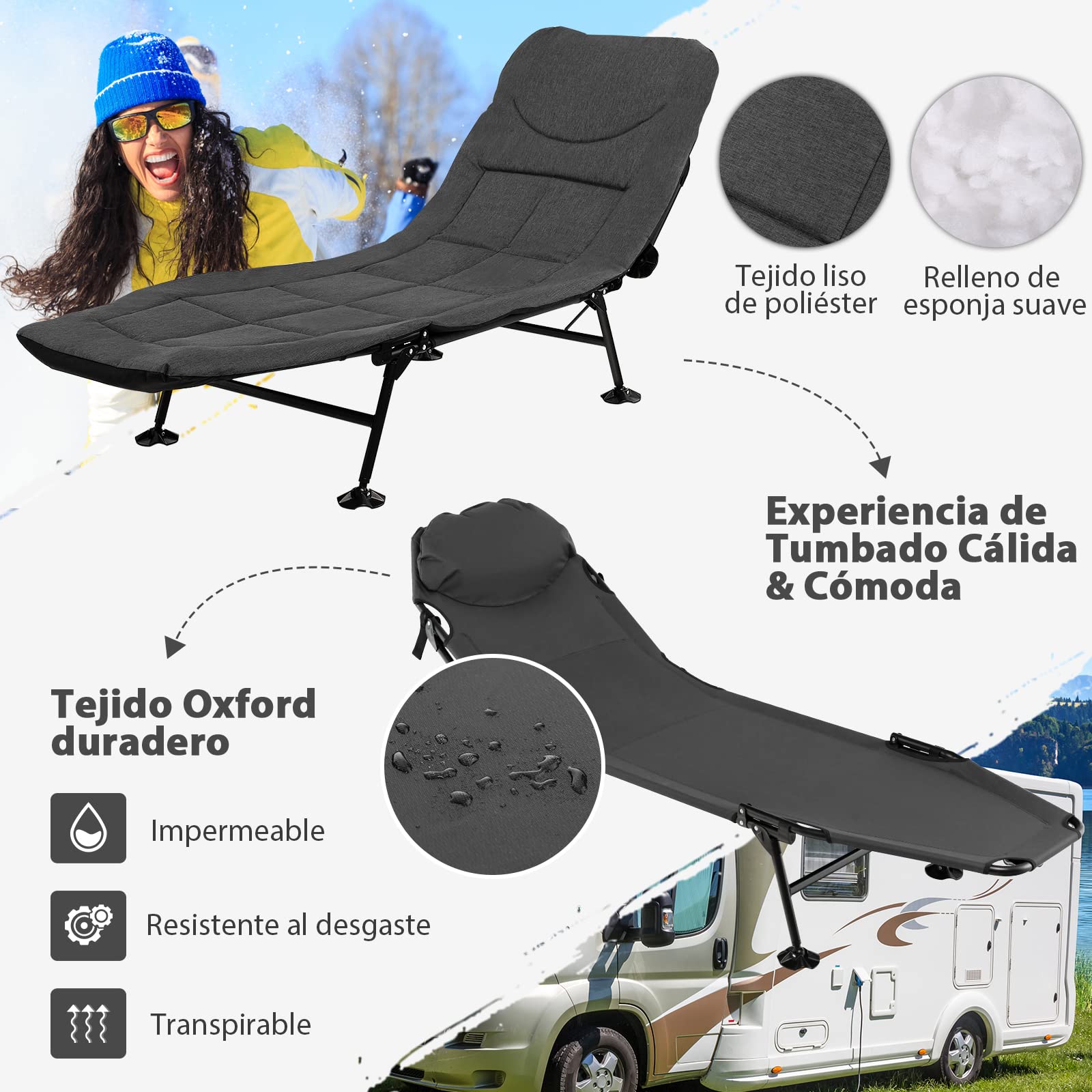 COSTWAY Cama Plegable Camping con Colchón Desmontable, Cama Camping Respaldo Ajustable en 6 Posiciones, Catre Plegable Camping portátil y Ligera con Bolsa, Carga 200kg, 194 x 69 x 29 cm (Gris)