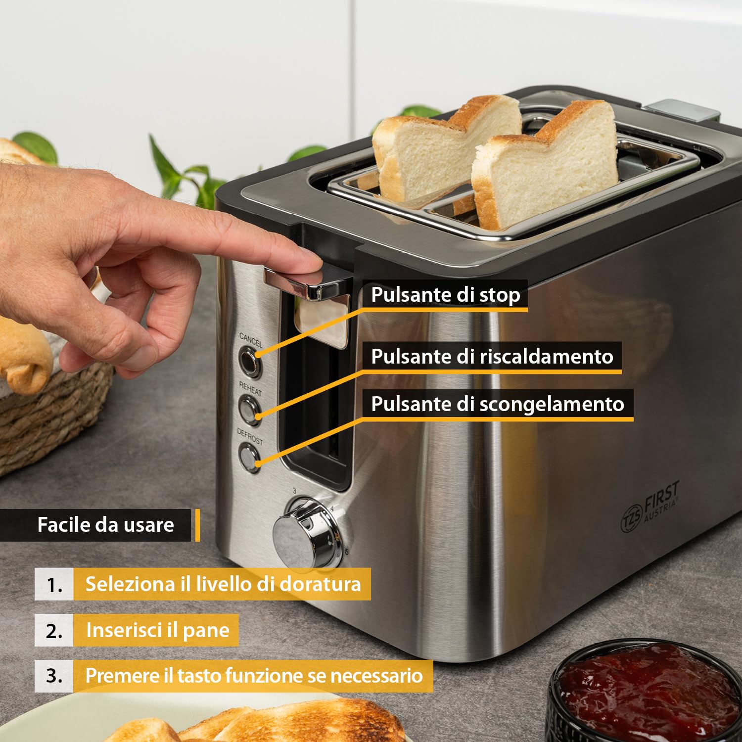 TZS First Austria - Tostapane a 2 fette - 800W - Scongelamento e Riscaldamento - 6 livelli - Scalda brioche - Fessure extra larghe - Centratura automatica - Vassoio raccoglibriciole - Acciaio Inox