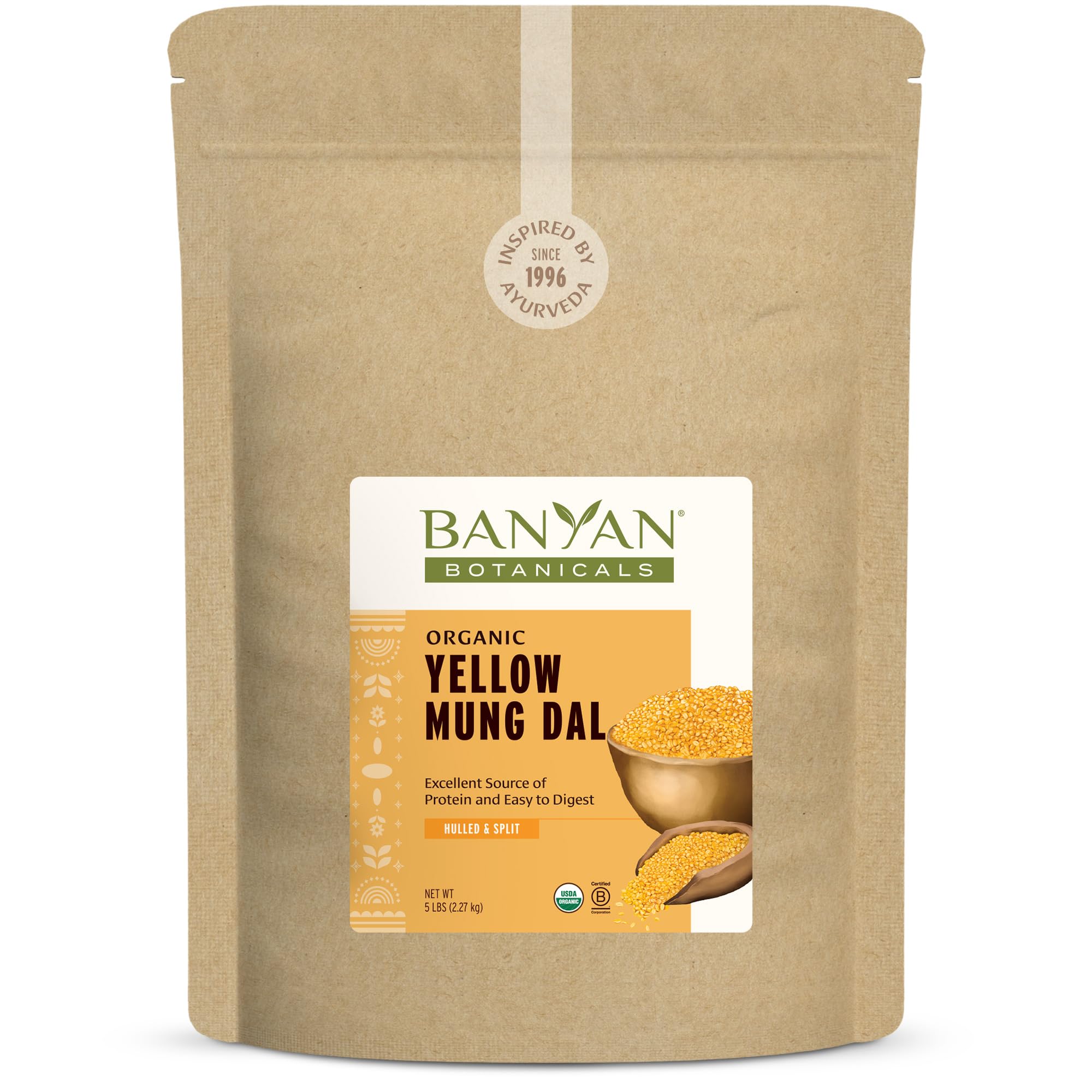 Banyan Botanicals Organic Yellow Mung Dal – Premium Split Mung Beans for Kitchari, Cleansing, and Ayurvedic Recipes – Plant-Based Protein – 5 lb. – Non-GMO, Gluten Free, Vegan