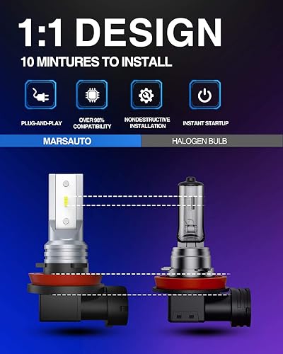 Vista 3 de Marsauto Bombillas LED antiniebla H11 H8 H16, 6000 K xenón blanco, chips CSP brillantes superiores de 360 grados DRL, bombillas halógenas