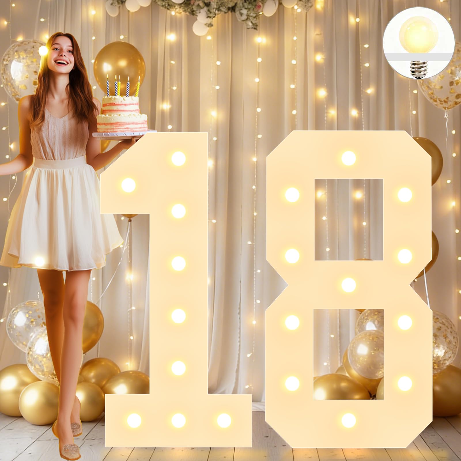 4FT Decorative Light Up Numbers for Birthday Decoration, White Marquee Number Sign for 18th Wedding Anniversary Backdrop Party Decor Big Mosaic Number Frame Foam Cardboard Pre-cut Number 18