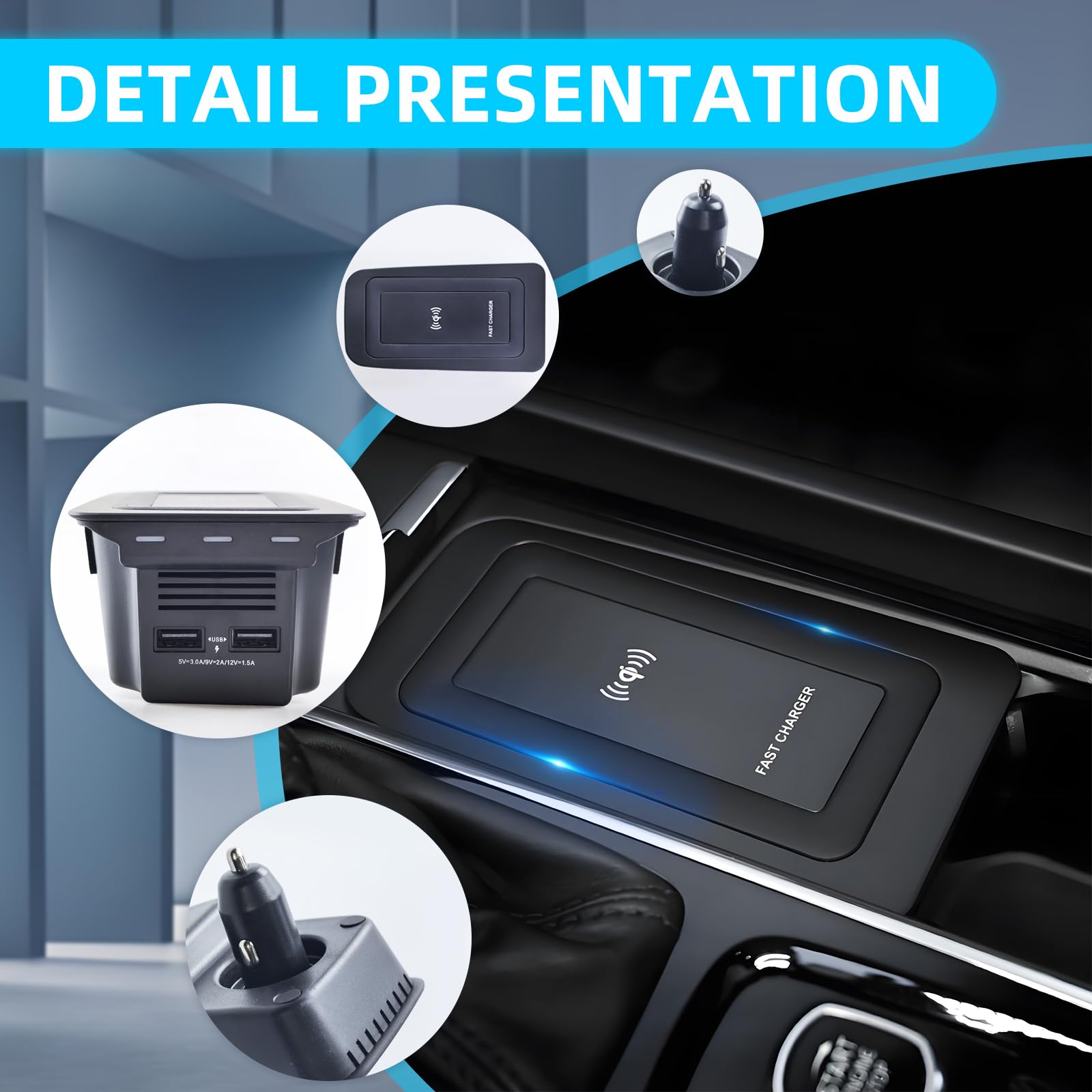 XC60 XC90 bezprzewodowa ładowarka, bezprzewodowa ładowarka samochodowa WPC Qi 1.2 z 2 portami USB, ładowarka 15 W ABS do bezprzewodowej ładowarki, dostosowanie indukcji do S60/V60/XC60/S90/V90/XC90