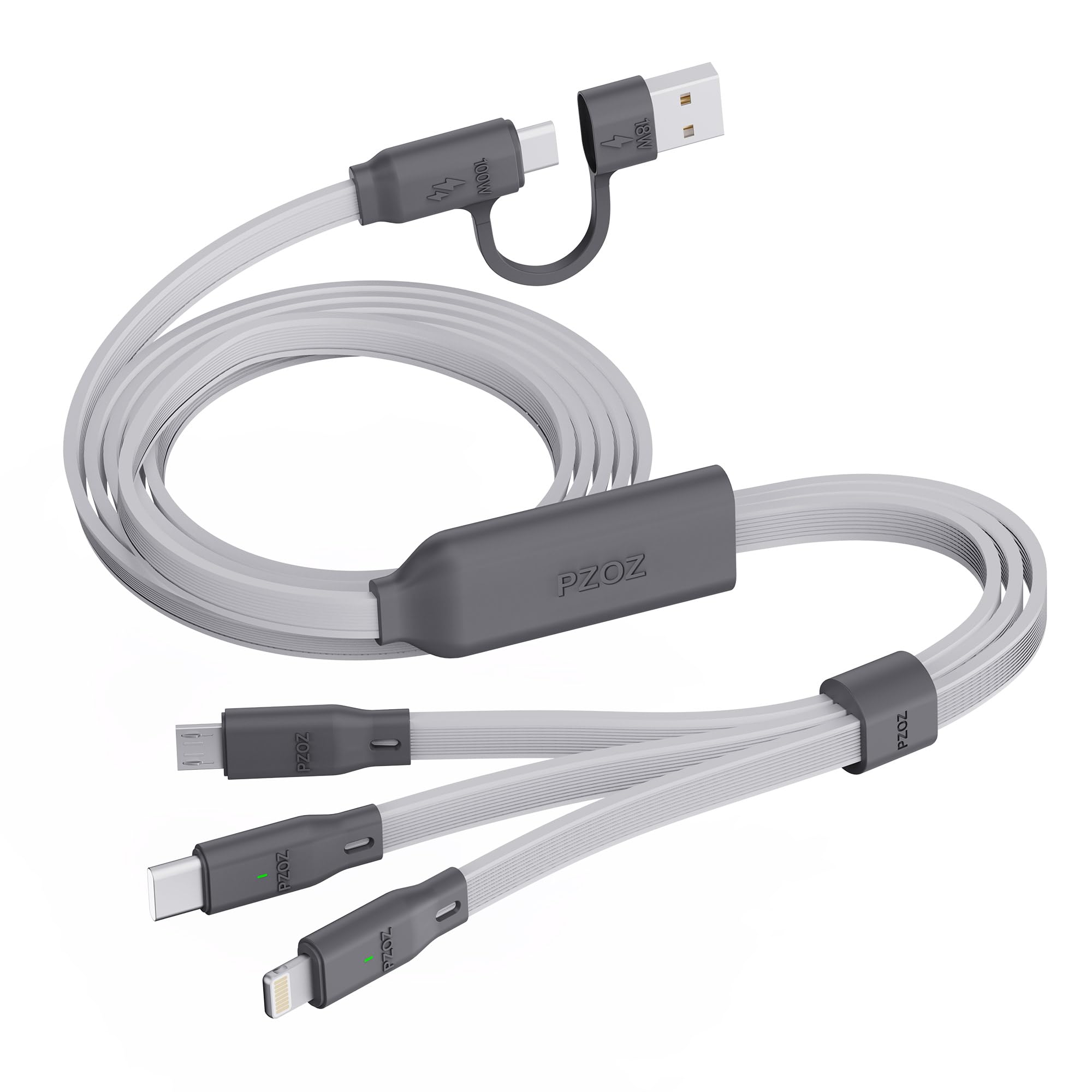 PZOZ 100W USB C & USB A Charging Cable, 3 in 1 Multi Fast Charging at The Same Time, Multiple Charger Cord with Type C[100W]/Lightning[27W]/Micro[10W]