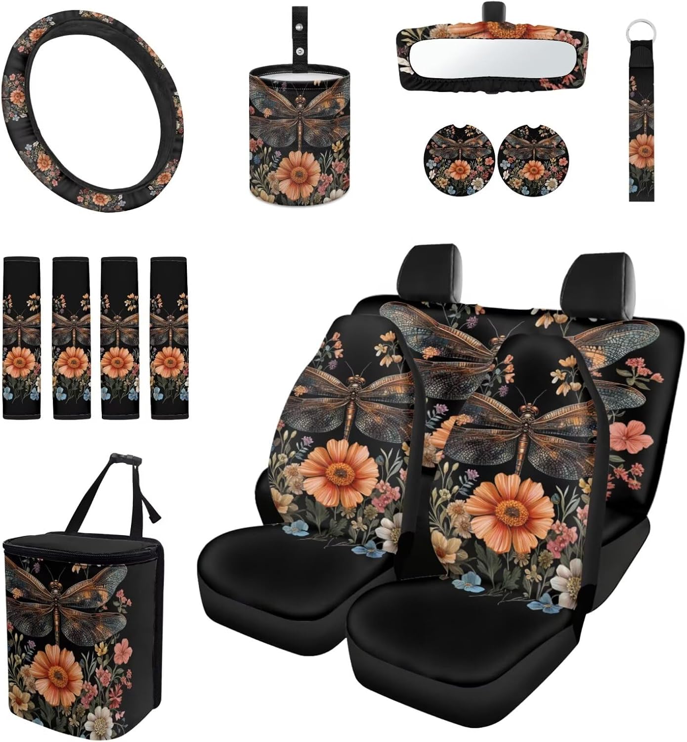 Swosrsggg Floral Drgonfly 15 Piece Car Seat Covers Full Set Auto Steering Wheel Cover Seat Belt Pads Coasters Trash Bin Cup Holders Rearview Mirror Cover Key Ring