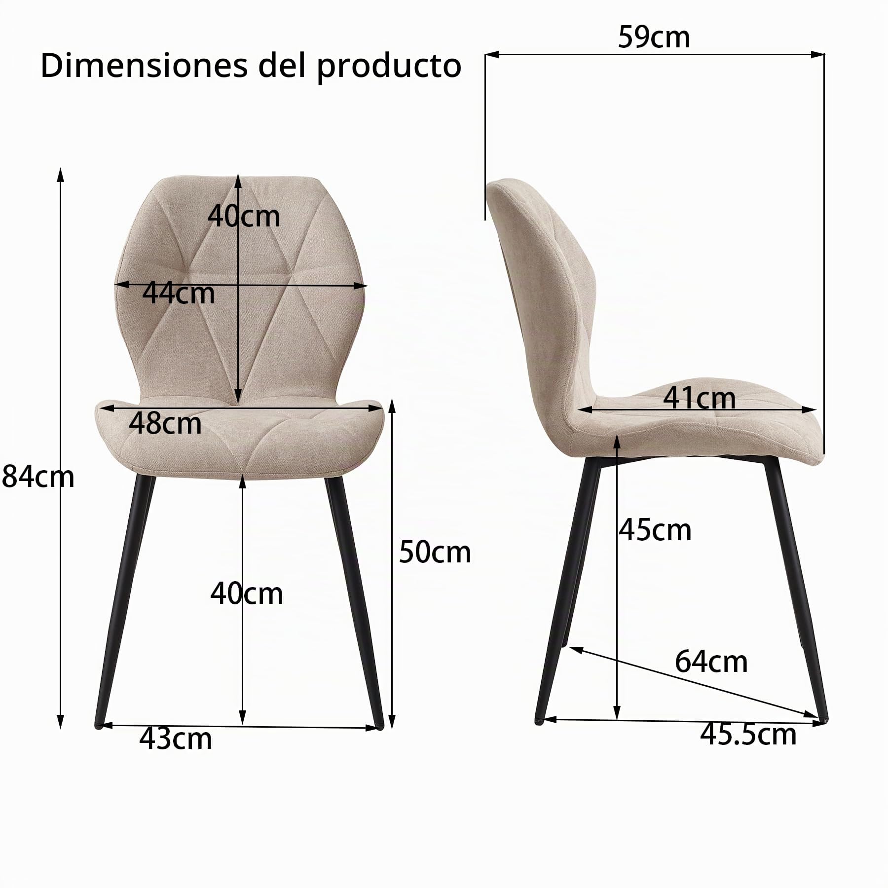 Juego de 4 Sillas de Comedor sin Reposabrazos, Tapizadas en Lino con Respaldo de Rombos, Sillas Modernas con Patas de Metal, Sillas Auxiliares para Cocina y Comedor, Ahorra Espacio, Caqui