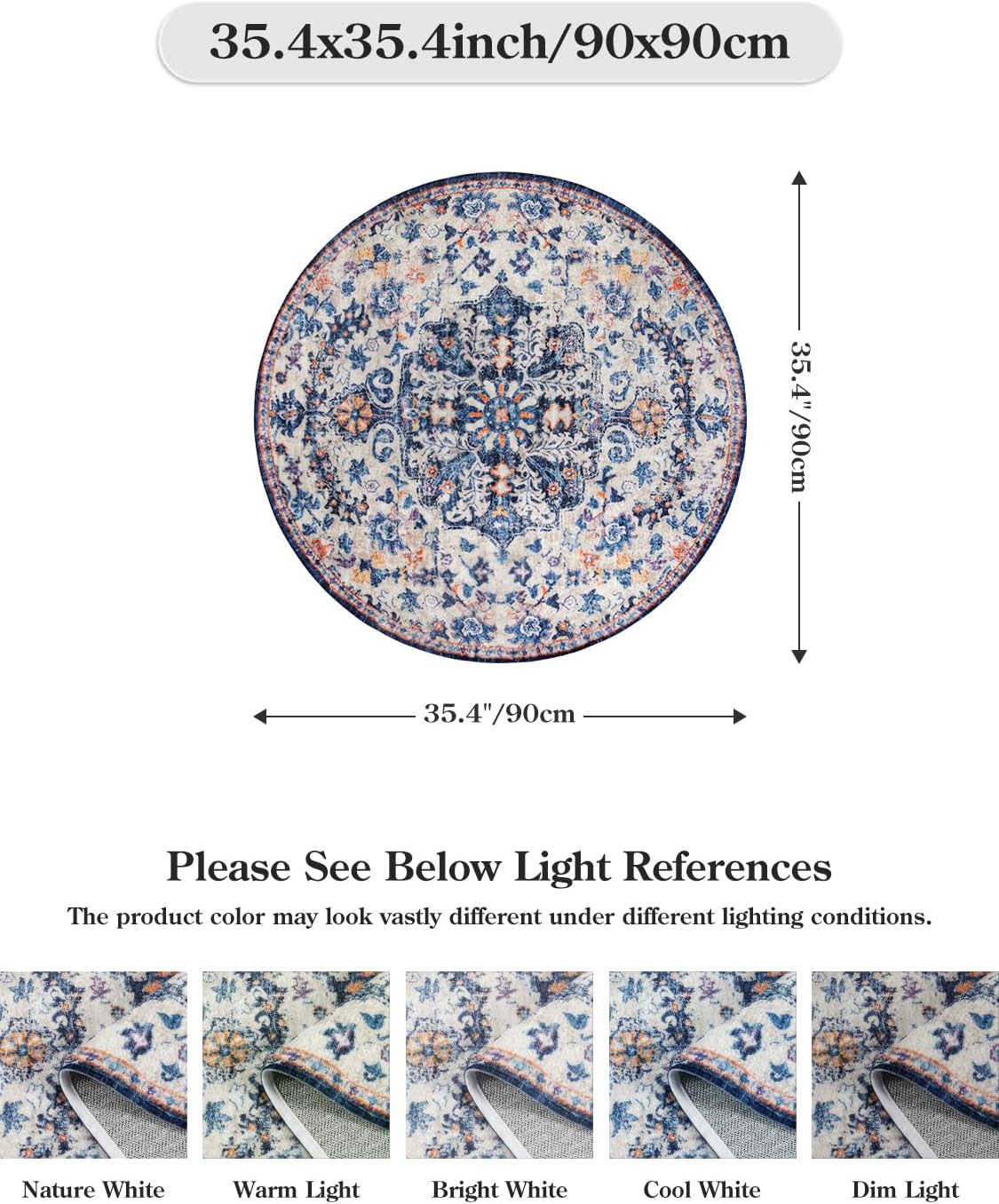 Lahome Reine Bohemian Round Rug 3Ft Small Bedroom Round Area Rug Soft Bathroom Circle Mat, Vintage Washable Non Slip Low Pile Indoor Floor Carpet for Kitchen Laundry Entryway, Blue Purple/Multi