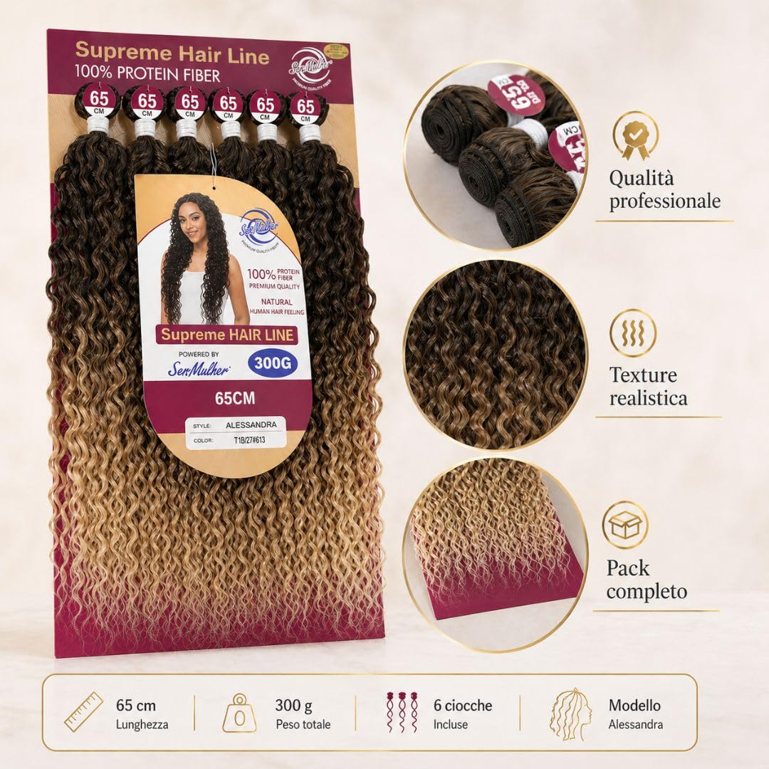 Extension Capelli Ricci e Mossi a Tessitura in Bioproteina, 300 gr, 100% Aspetto Naturale - Hair Texture IDEALI per Styling Ricci, Ondulati, Volume Naturale, 6x65 cm, ALESSANDRA (Dark Brown)