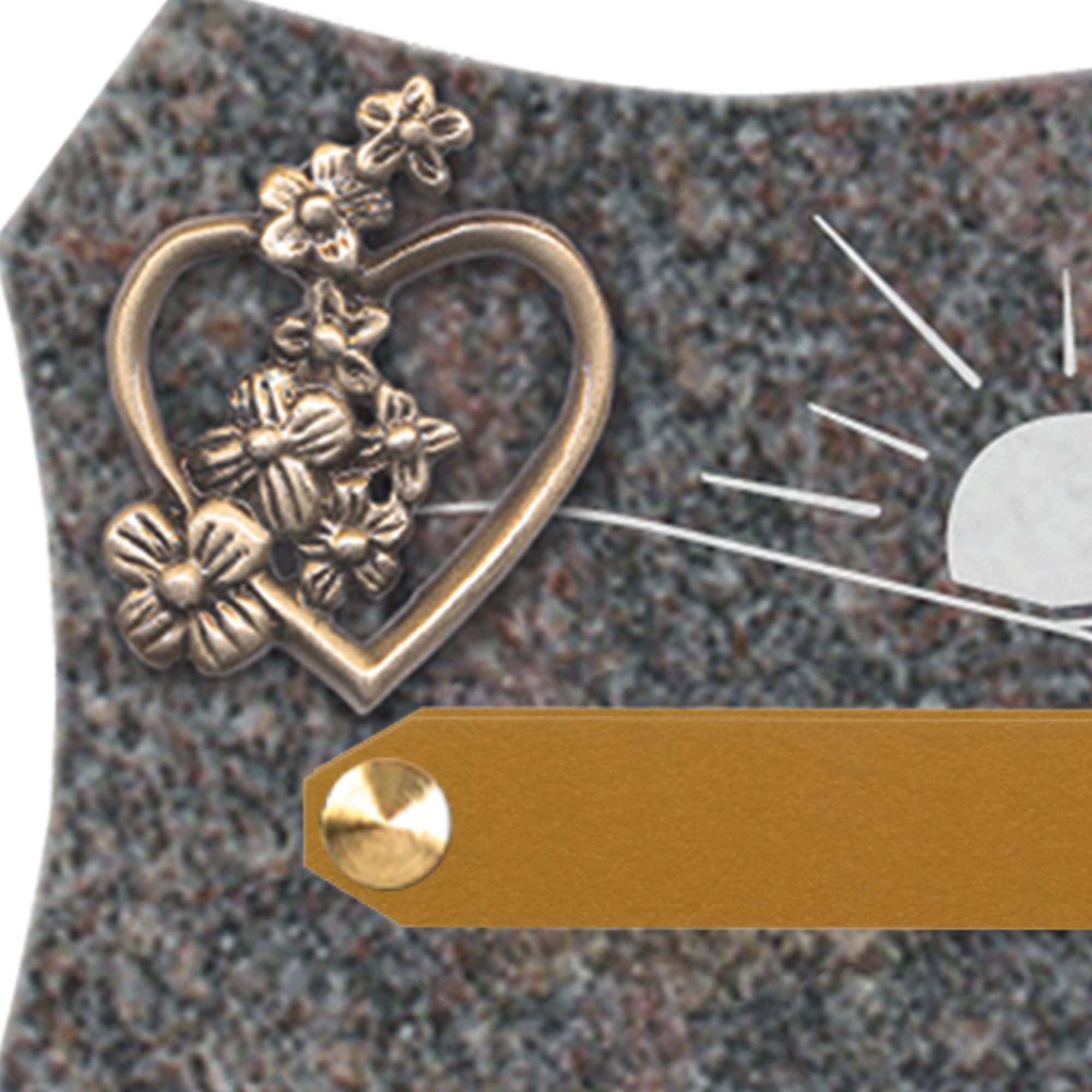 Plaque funéraire personnalisée - Granit - assemblée en France - gravure soleil nuage bronze coeur - H 15 X L 20 cm - 2 textes