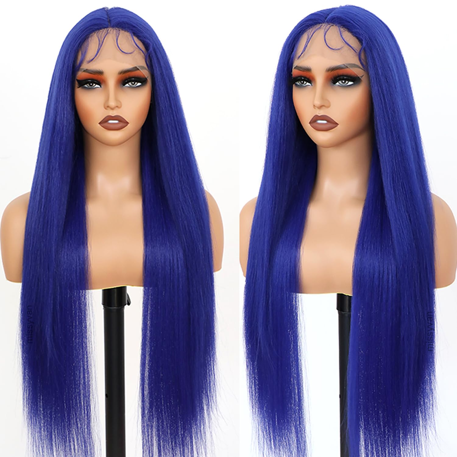 Missyvan Blue Lace Front Wig Synthetic Long Straight Royal Blue Color Hair Wig Glueless Lace Wig Light Yaki Straight Wigs 32 Inches