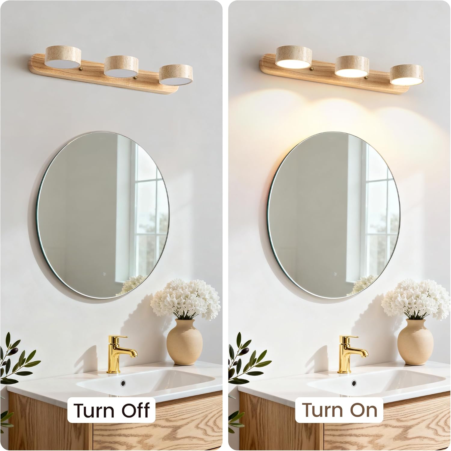 Farmhouse Wood Vanity Light, LED Mirror Light with 3 Travertine Stone Shades, 300° Rotatable Modern Rustic Vanity Lights Fixture Wall Lamp for Bathroom Bedroom Living Room Hallway